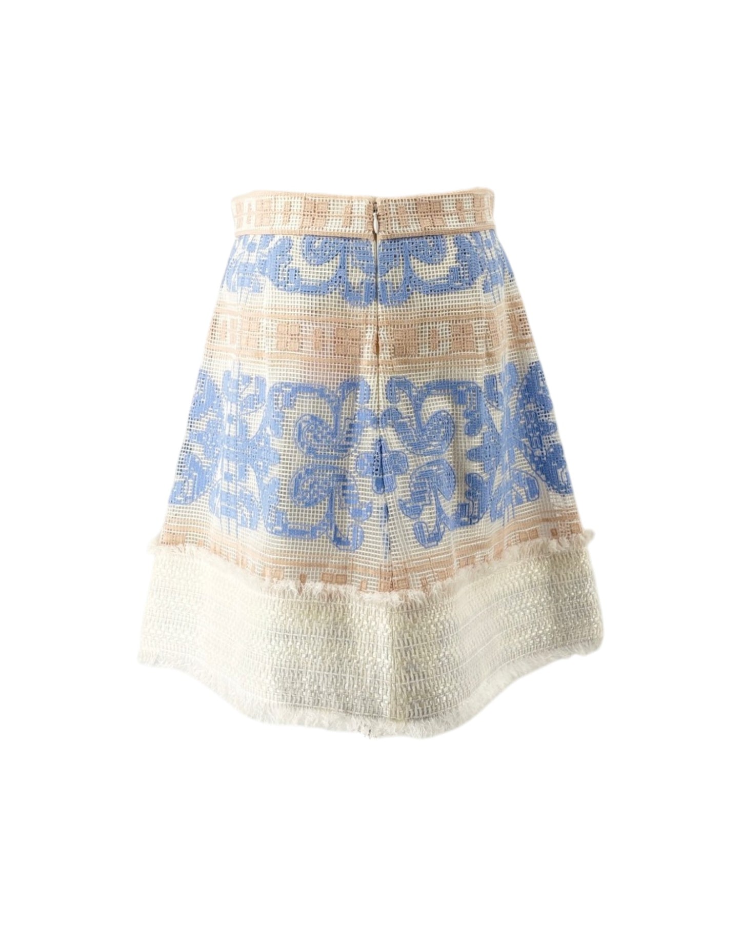 Skirt with blue floral pattern and beige border on a white background