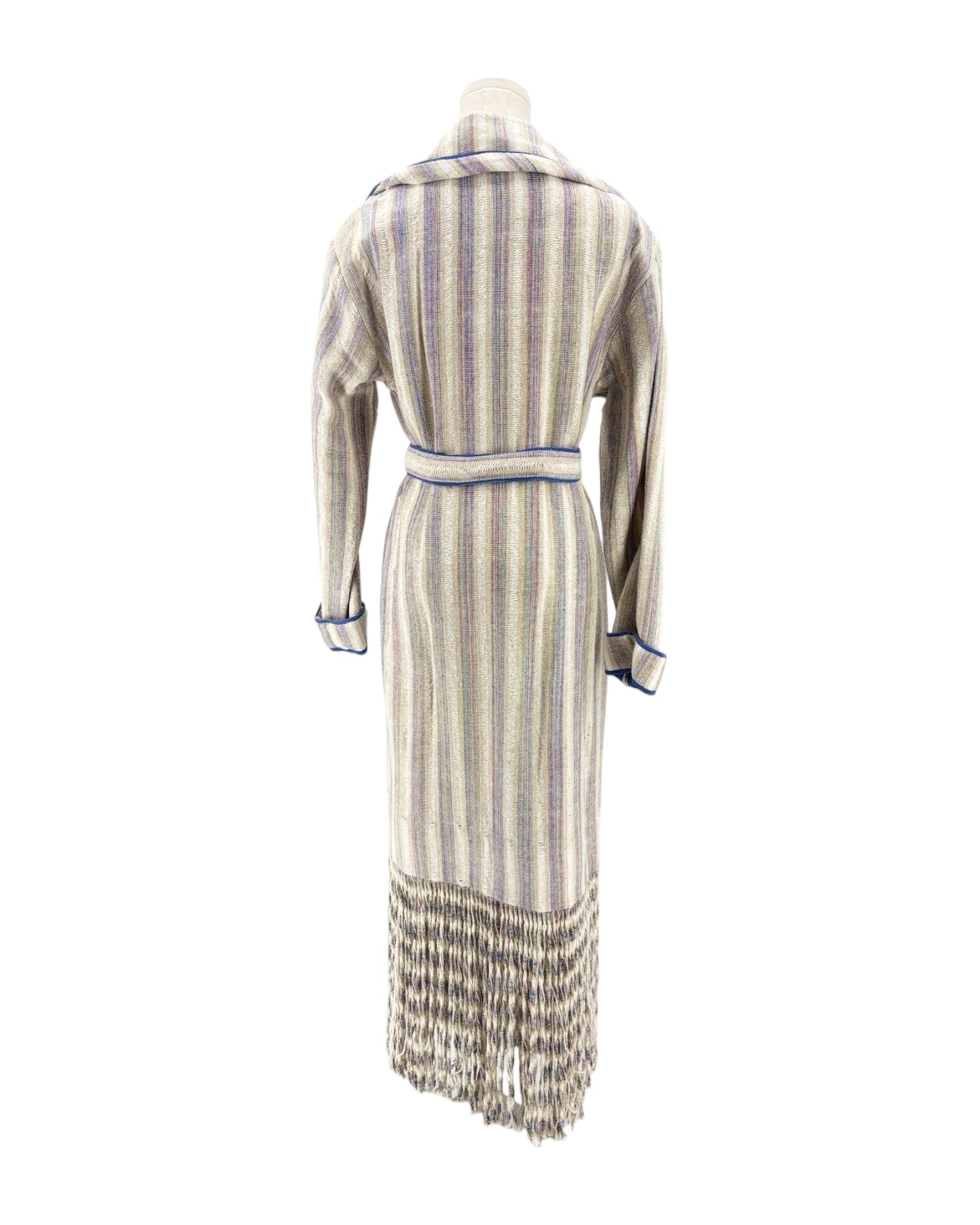 Striped coat with a belt on a mannequin against a white background