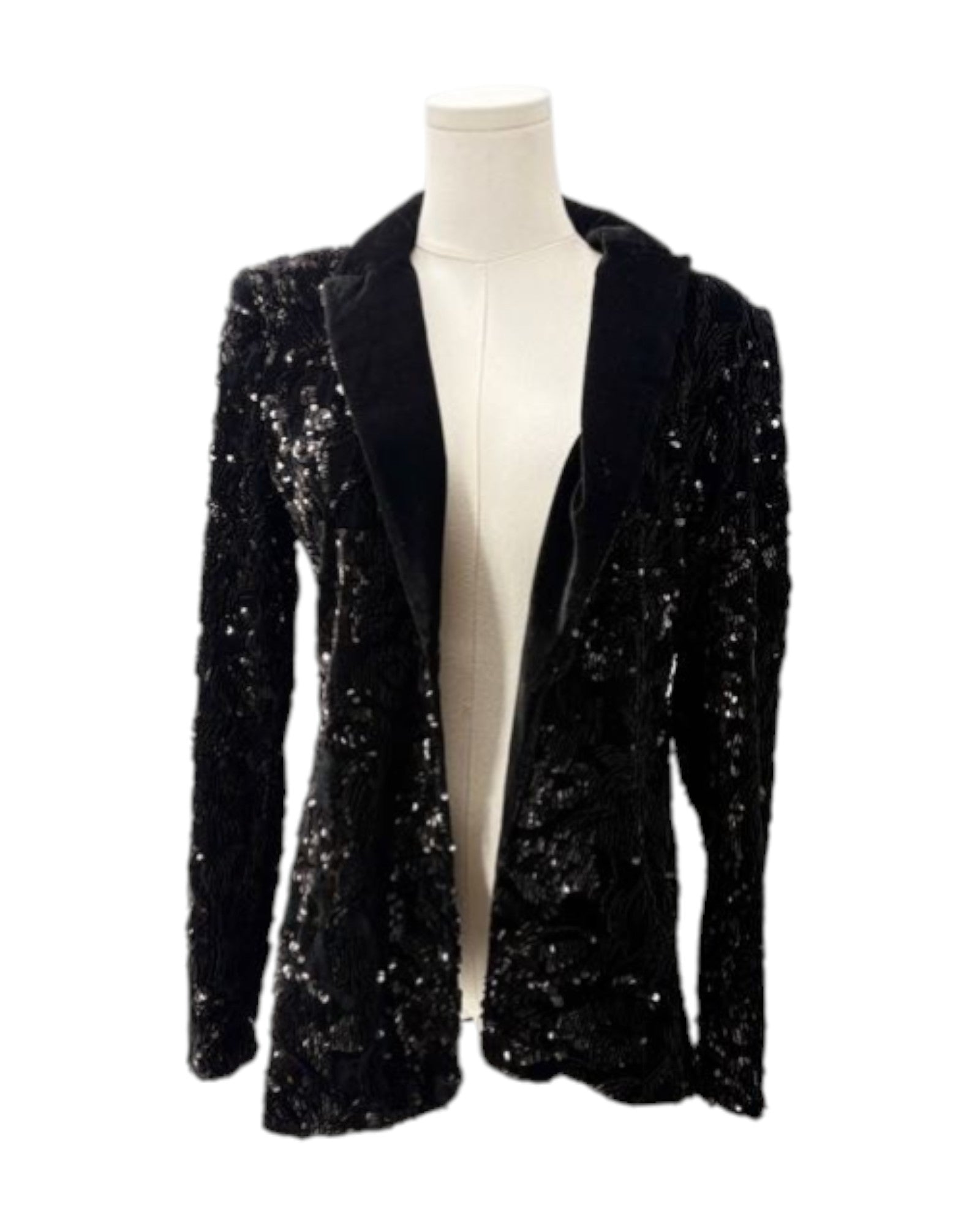 Black sequin blazer on a mannequin against a white background