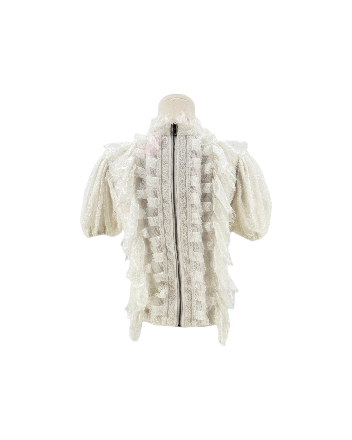 An off-white lace jacket with puff sleeves and a central zipper, displayed on a mannequin torso against a plain white background.