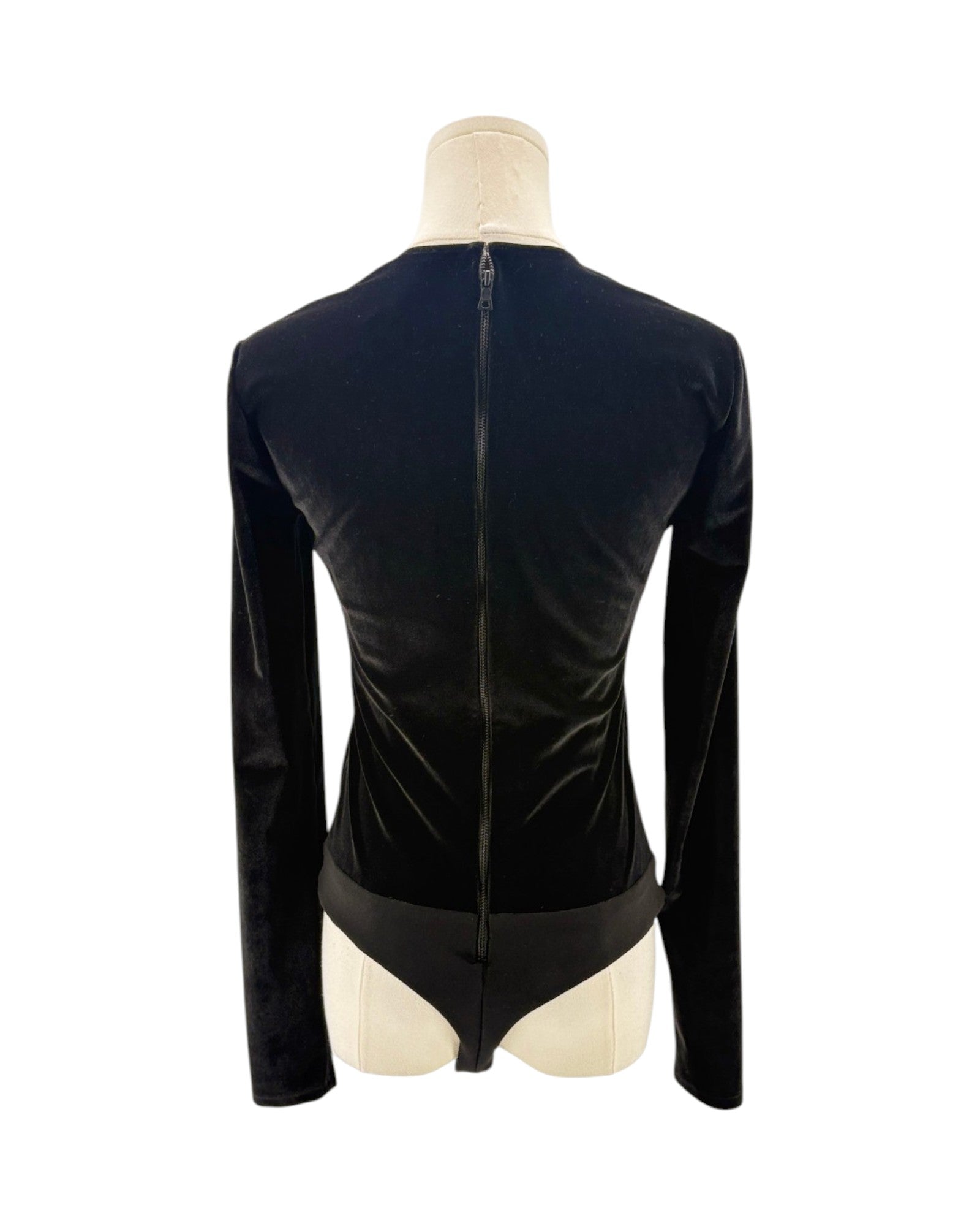 Black long sleeve bodysuit on a mannequin on a white background