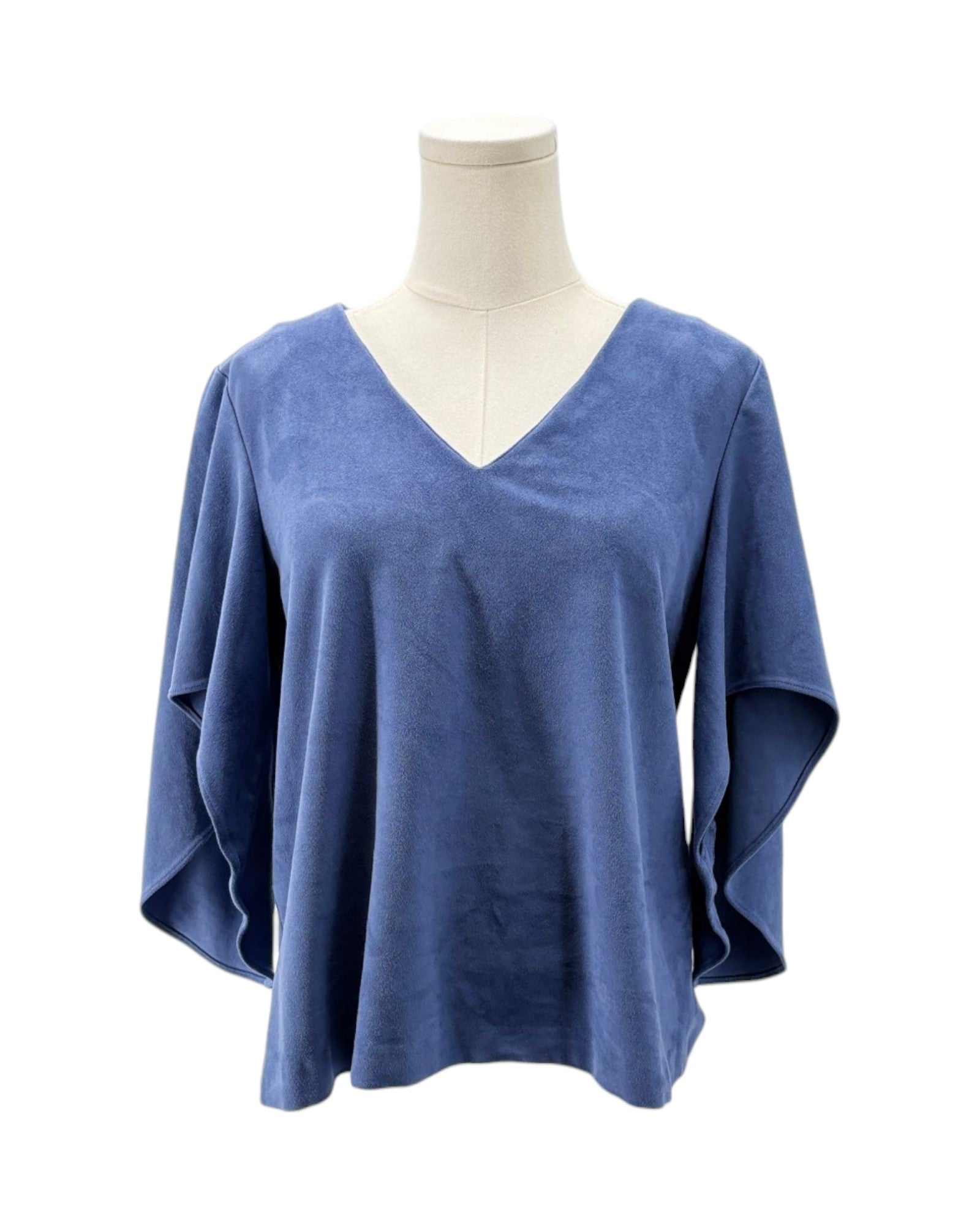 Blue V-neck top on a mannequin against a white background
