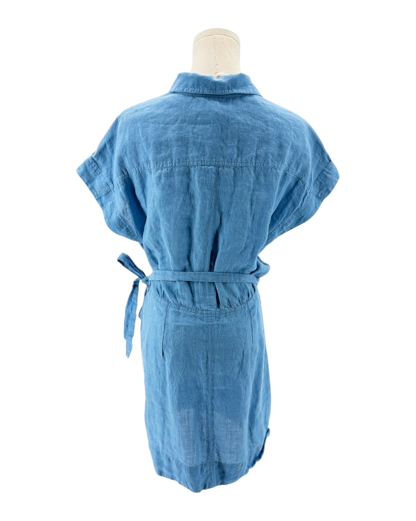 Blue linen mini dress on a mannequin on white background