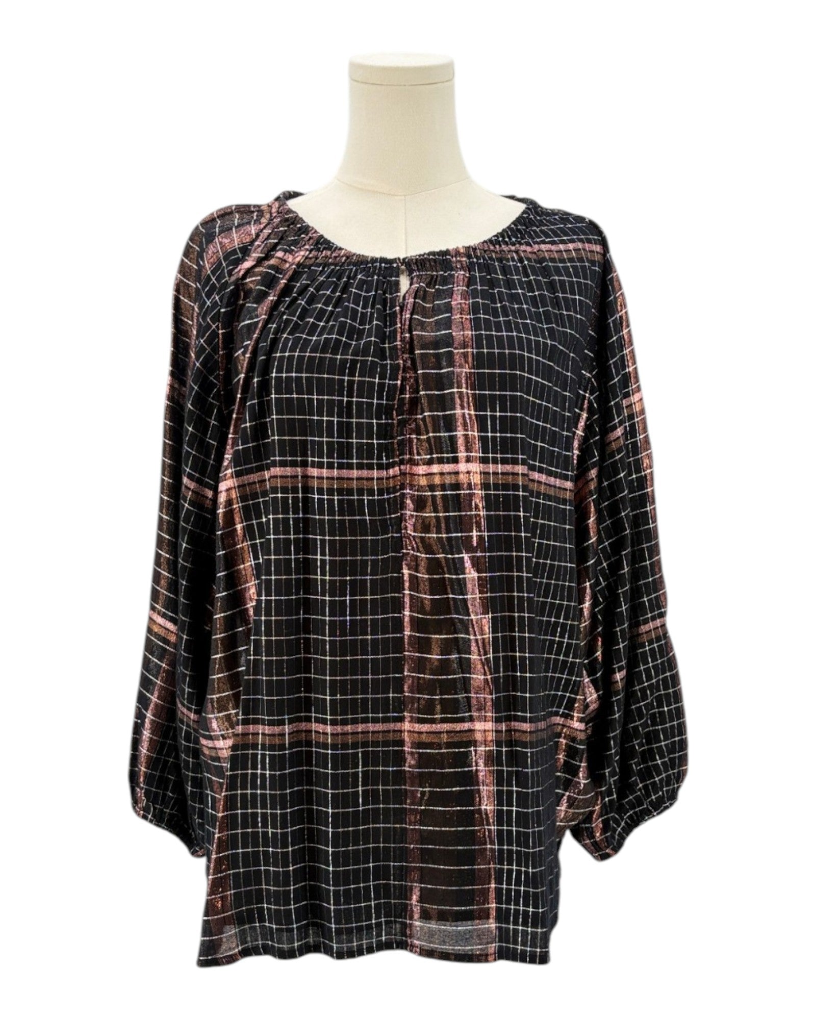 Apiece Apart metallic plaid shirt on a mannequin against a white background