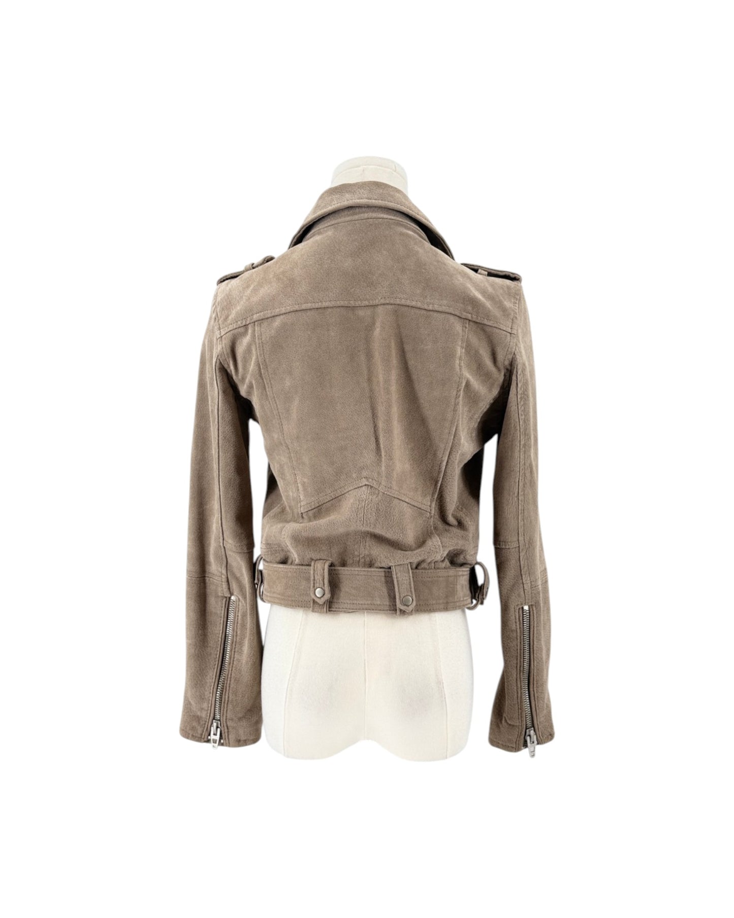 A taupe-brown suede biker jacket with shoulder epaulets and a matching waist belt, displayed on a cream mannequin torso against a white background.