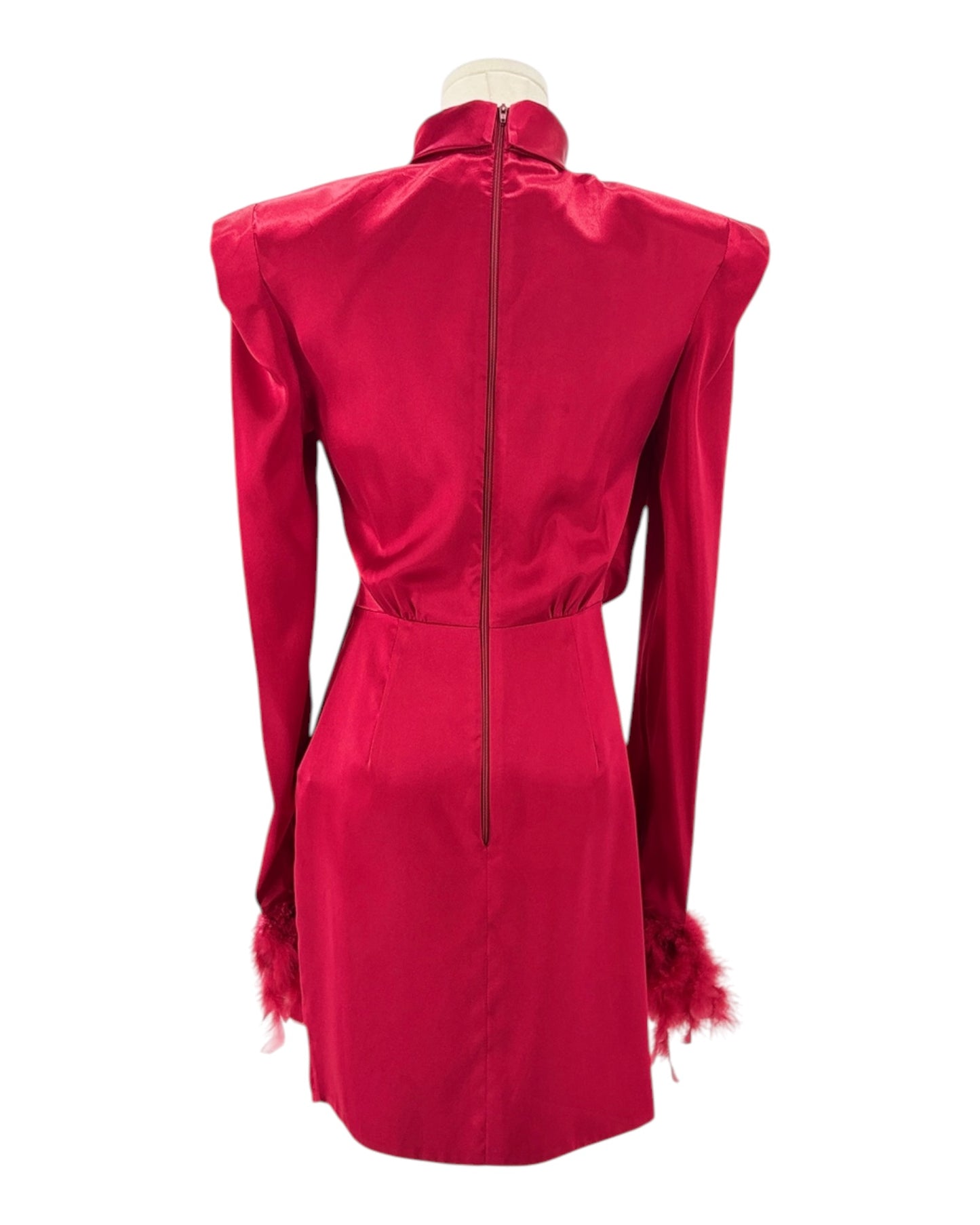 Red dress with feathered shoulders on a mannequin against a white background