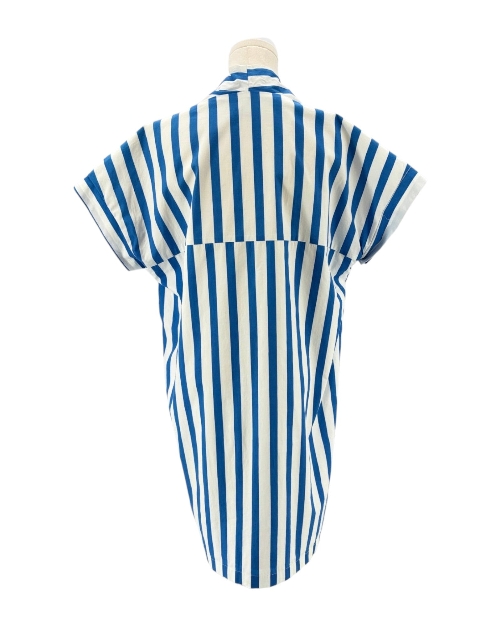 Brooke Wright blue and white striped garment on a mannequin against a white background
