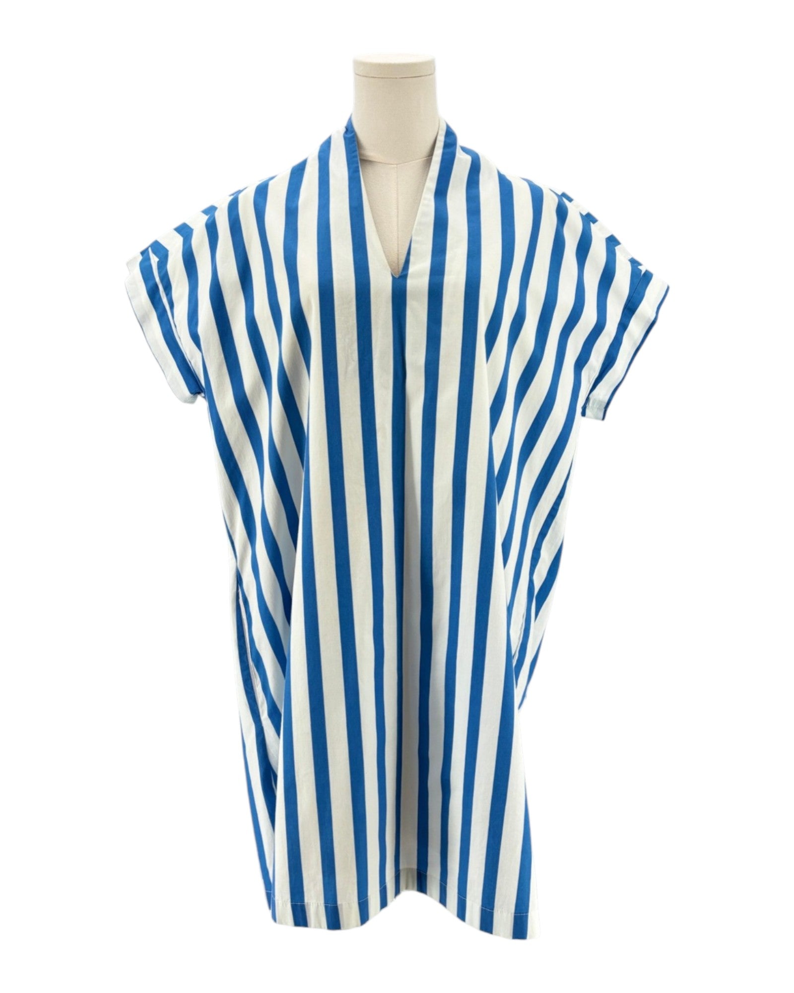 Brooke Wright blue and white striped garment on a mannequin against a white background