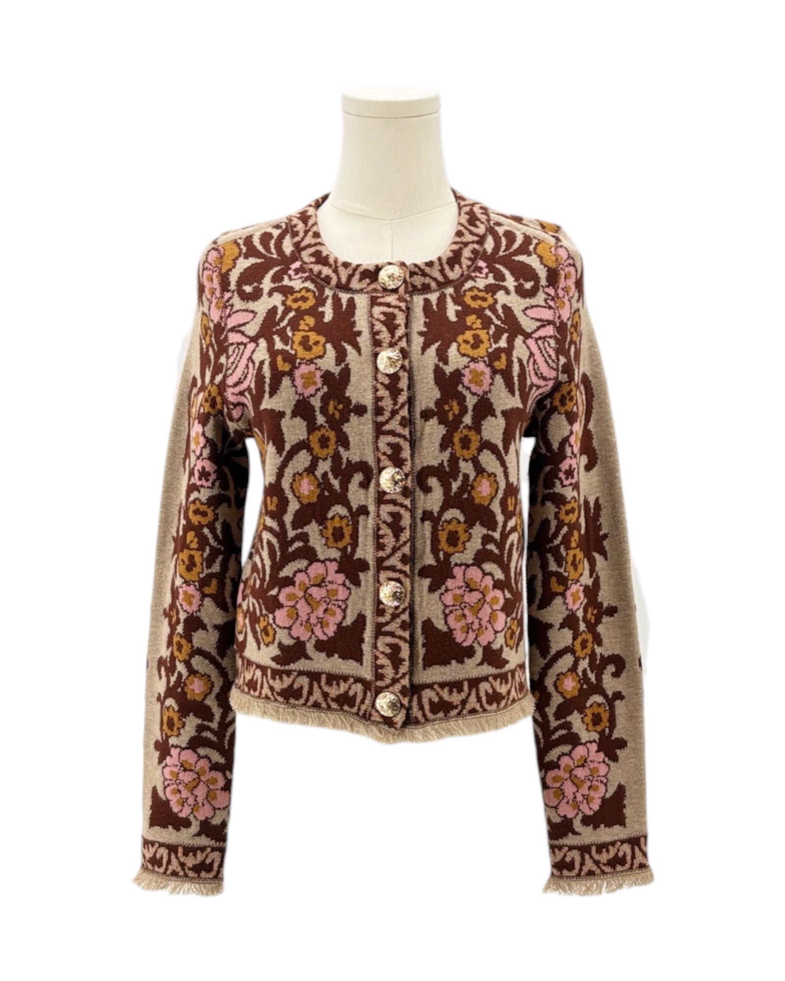 Floral patterned jacket on a mannequin against a white background
