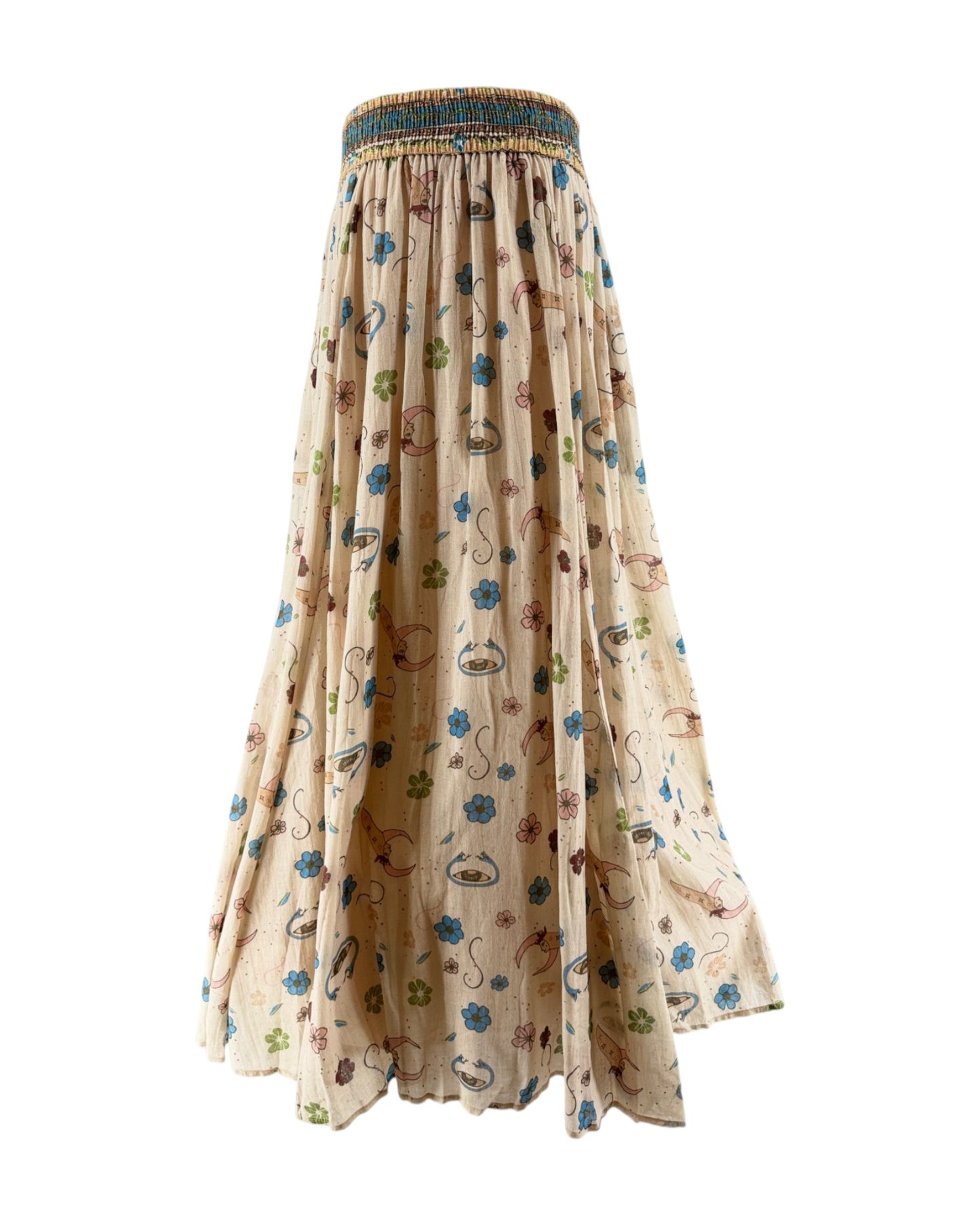 Beige floral-patterned skirt with a decorative waistband on a white background