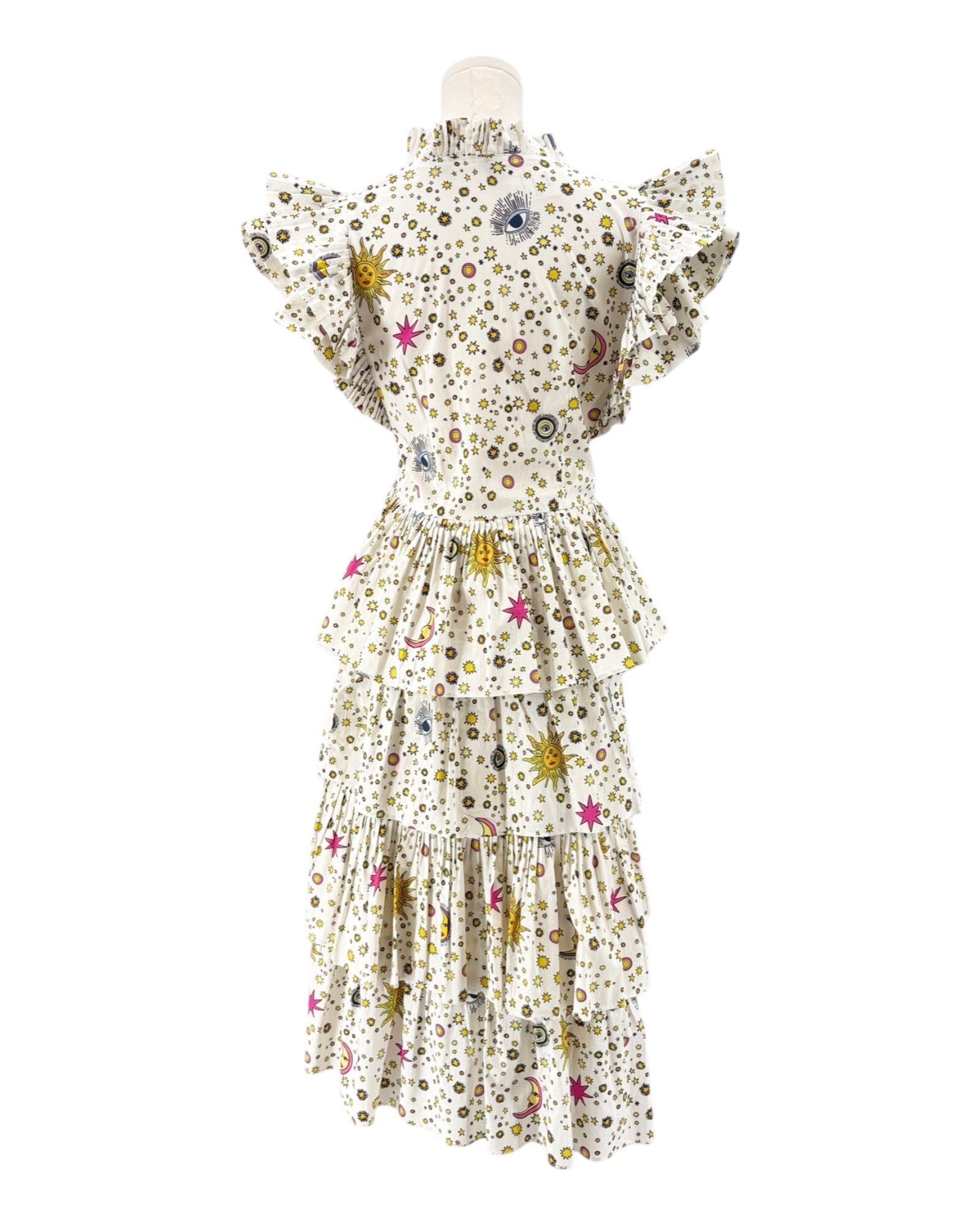 Celia B Sun and stars white dress on a mannequin against a white background
