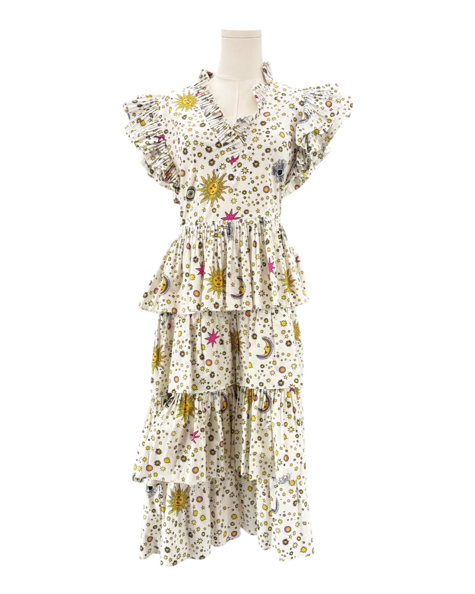Celia B Sun and stars white dress on a mannequin against a white background