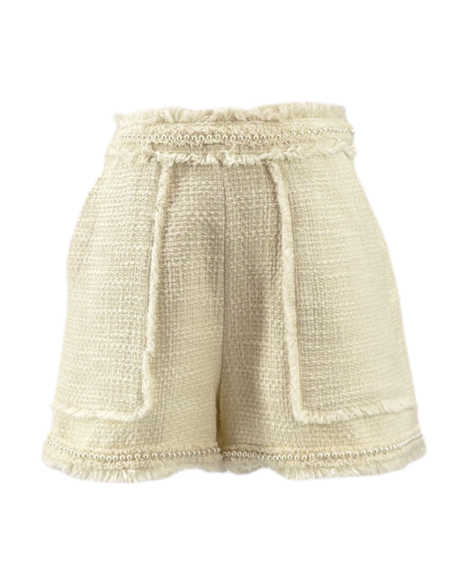 Cinq a Sept white shorts with textured tweed fabric on a white background
