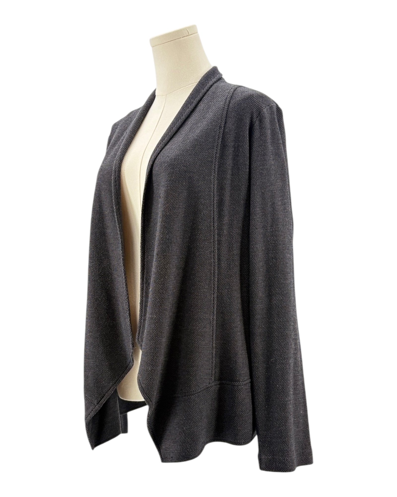 Gray cardigan on a mannequin against a white background