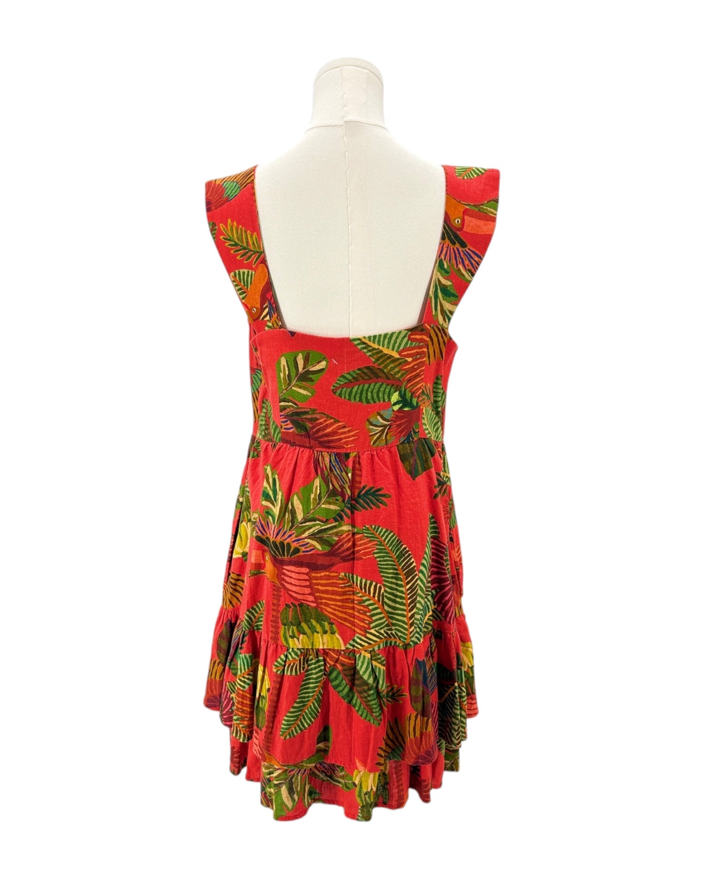 Farm Rio red dress with tropical leaf pattern