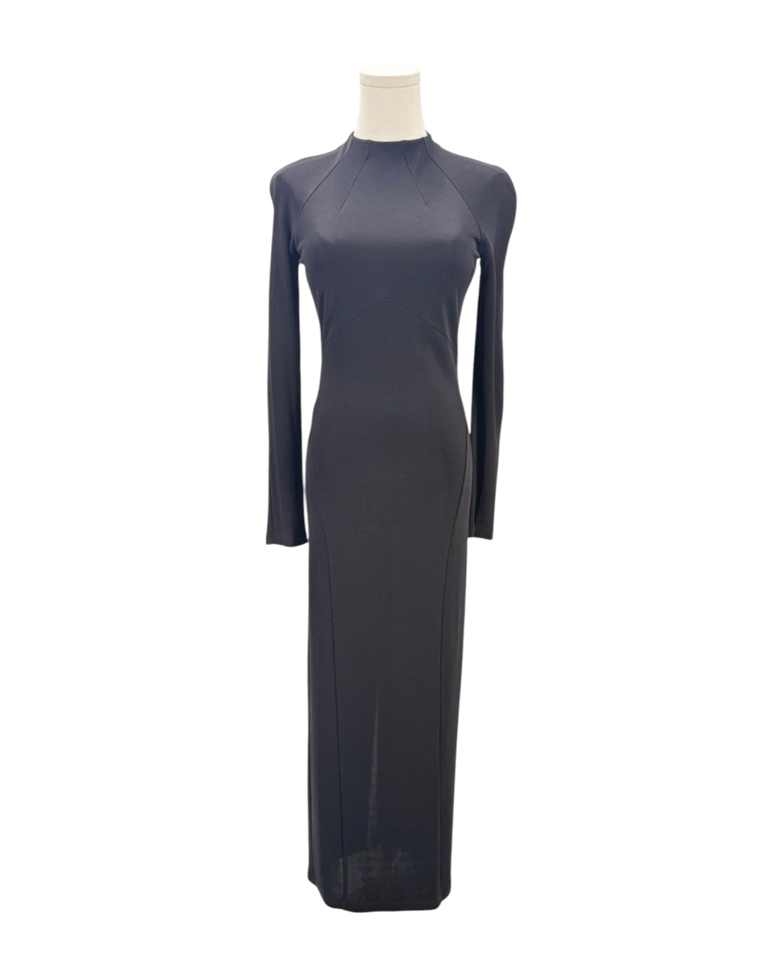 Black long-sleeve dress on a mannequin against a white background