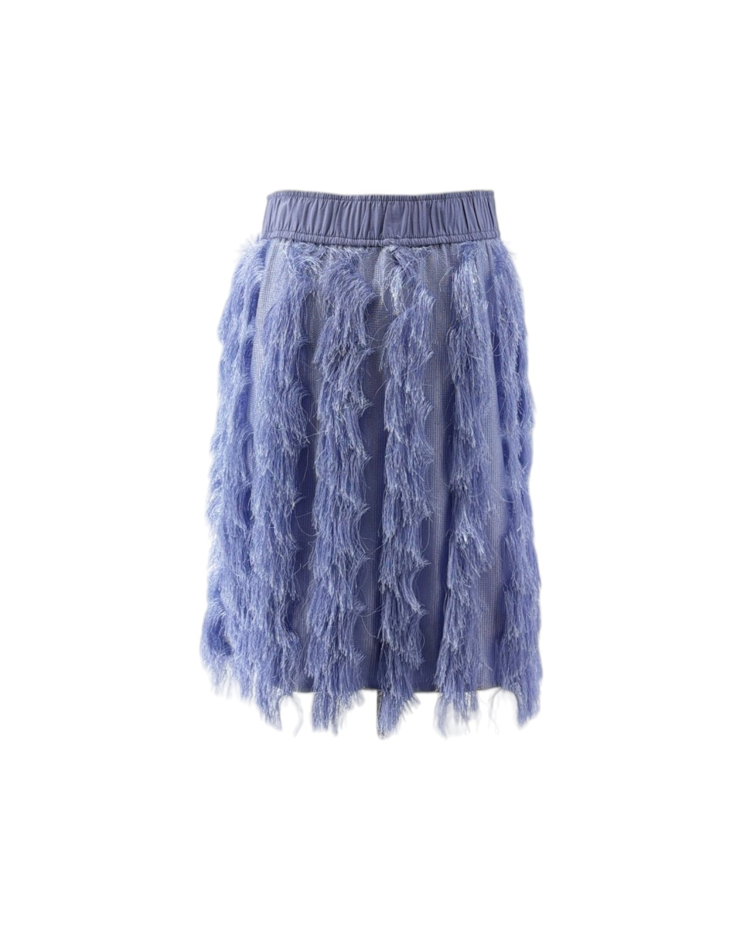 A light blue tulle skirt with layered, ruffled feather-like trim and an elastic waistband, shown against a plain white background.