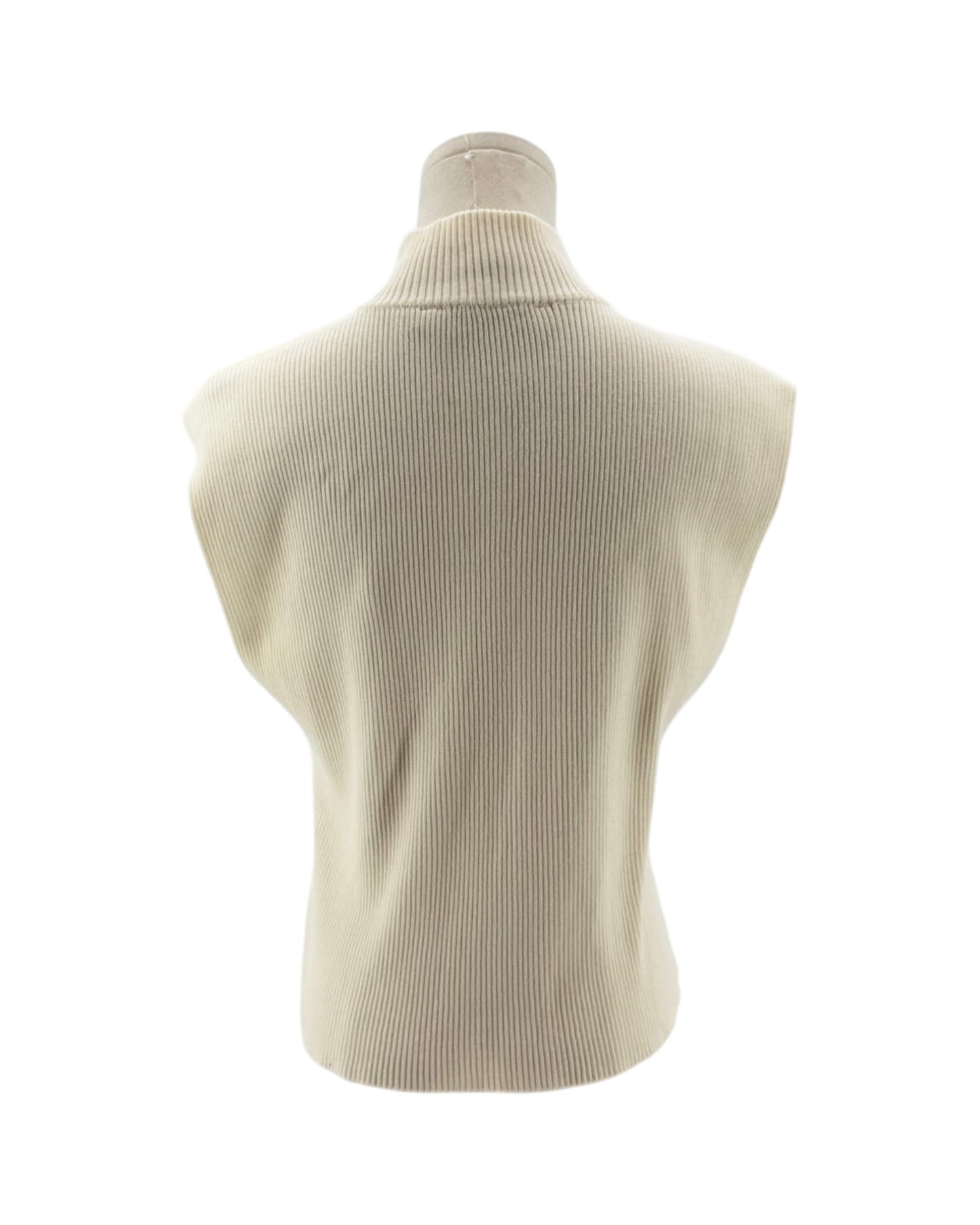 Beige ribbed knit vest on a mannequin against a white background