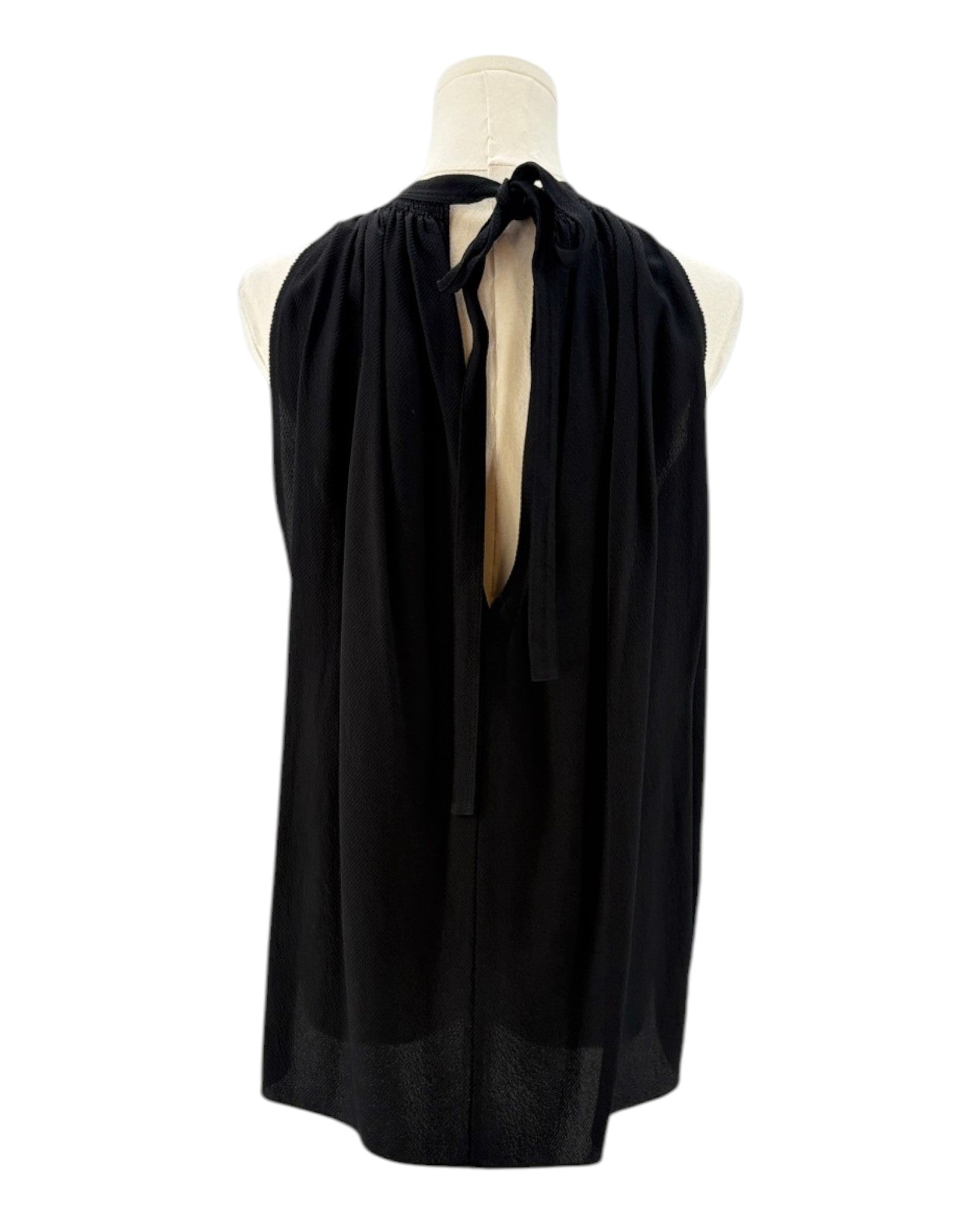 Helmut Lang black sleeveless top on a mannequin against a white background