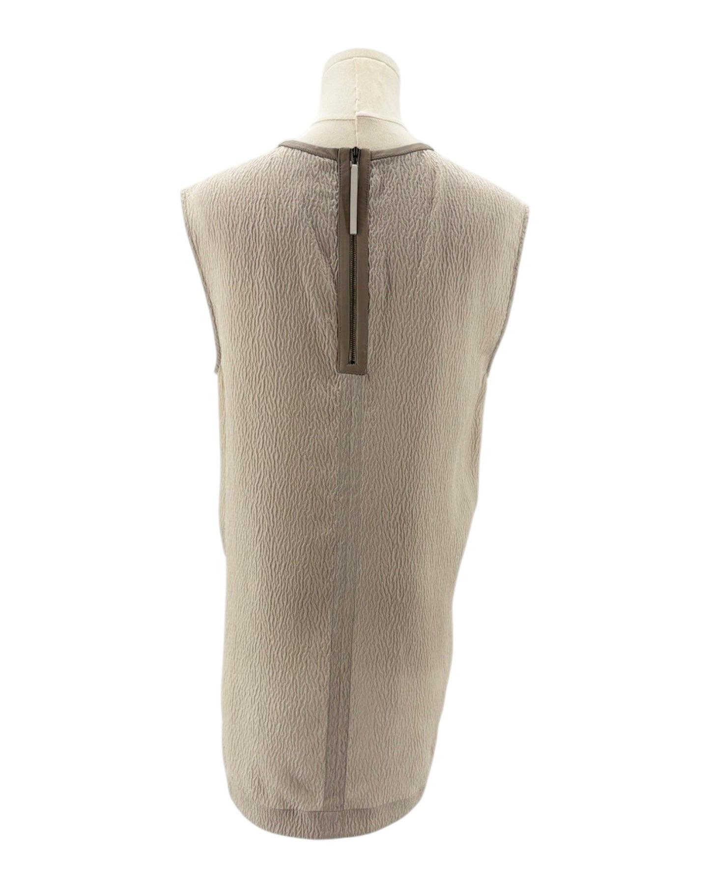 Helmut Lang beige sleeveless top on a mannequin with a white background