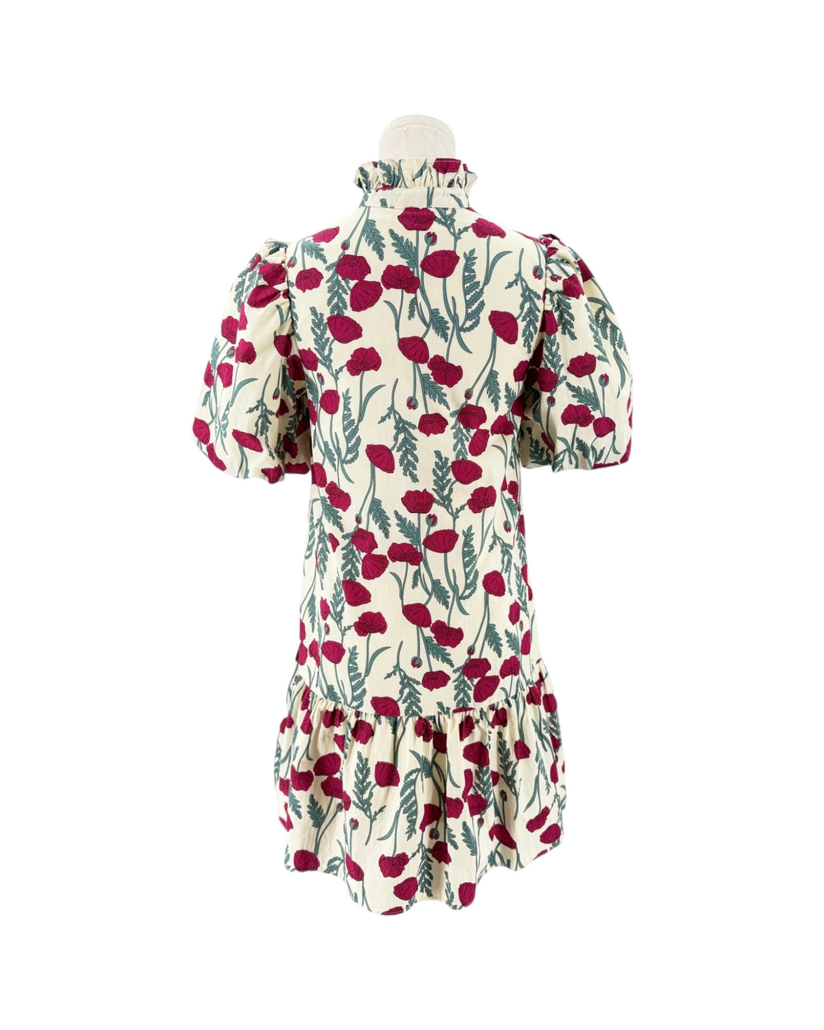Floral mini dress with a ruffle neck on a white background on a mannequin