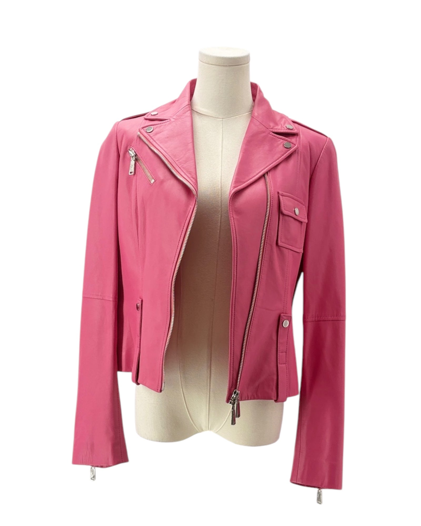 Pink leather jacket on a mannequin against a white background