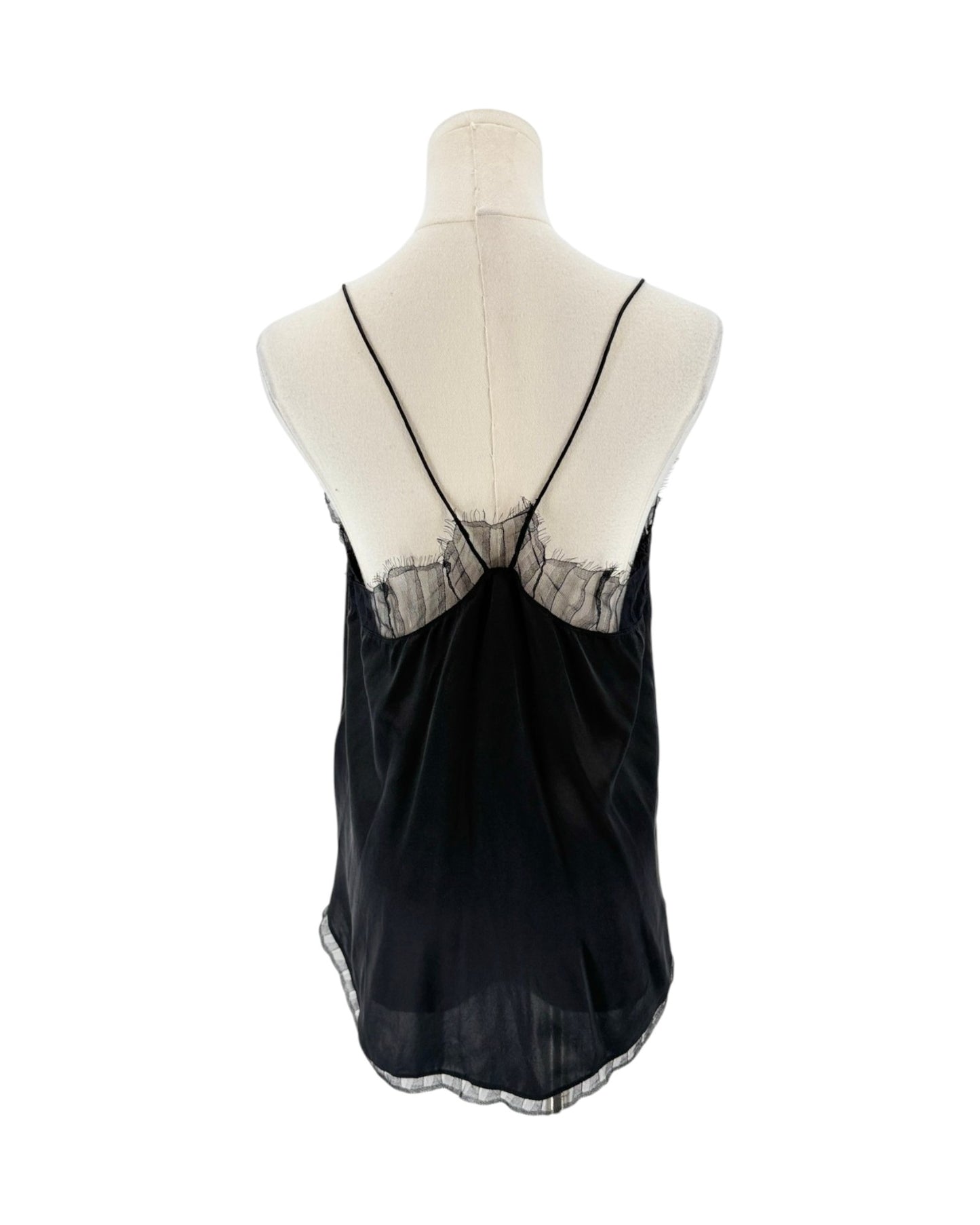 A black sheer camisole top displayed on a cream mannequin torso, showing the back view with thin straps and a lace-trimmed open back.