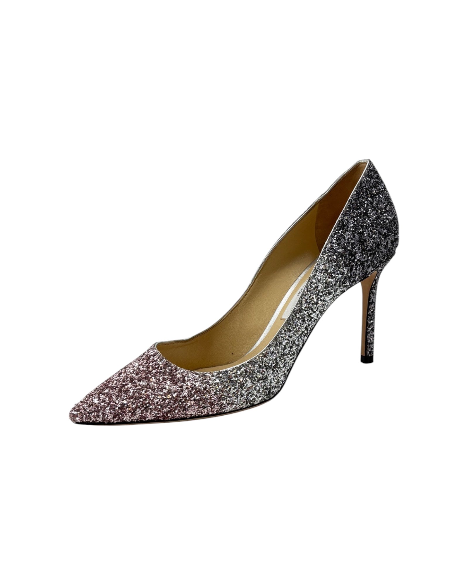 Sparkly high-heeled shoe on a white background