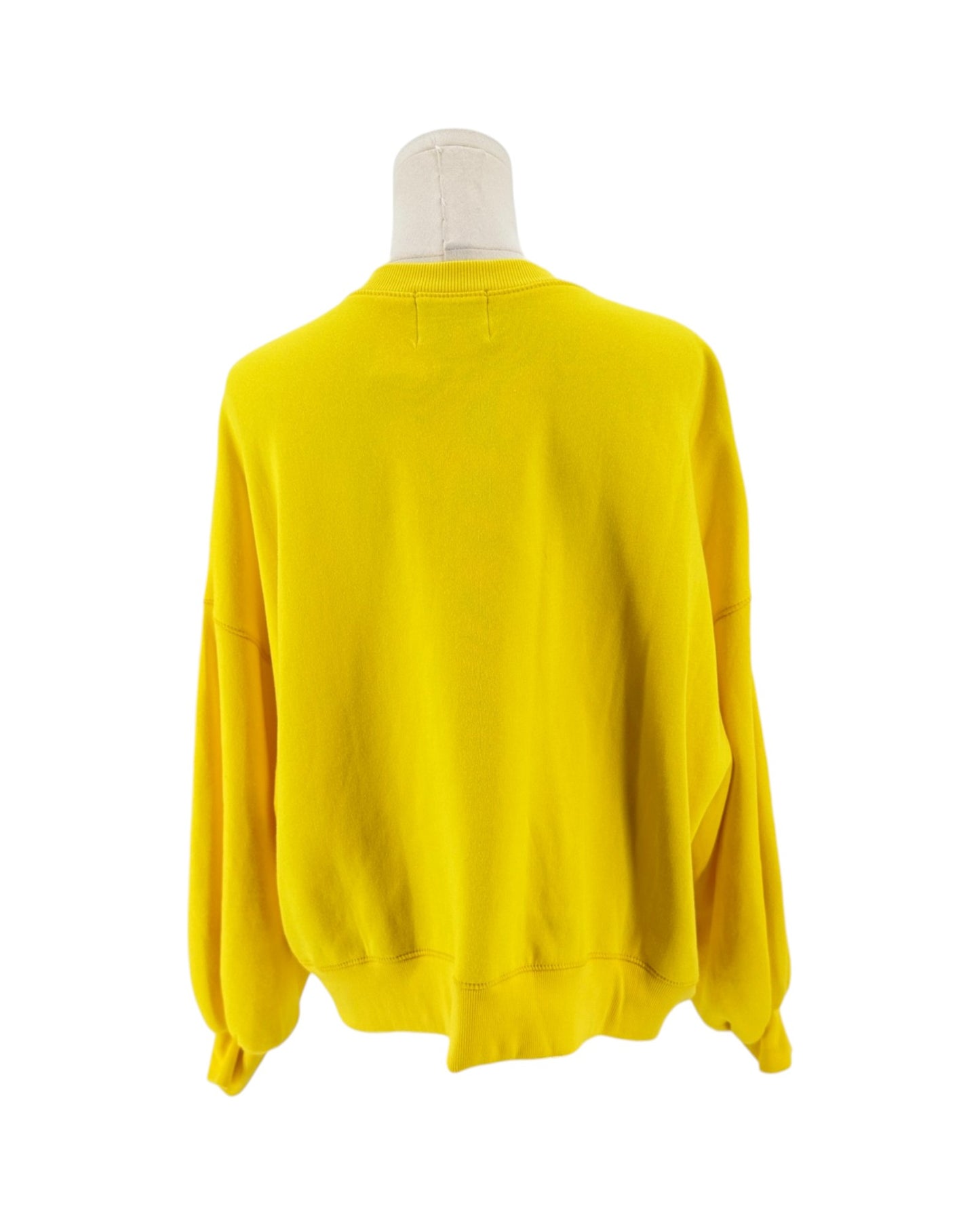 A bright yellow crewneck sweatshirt displayed on a white mannequin torso against a plain white background.