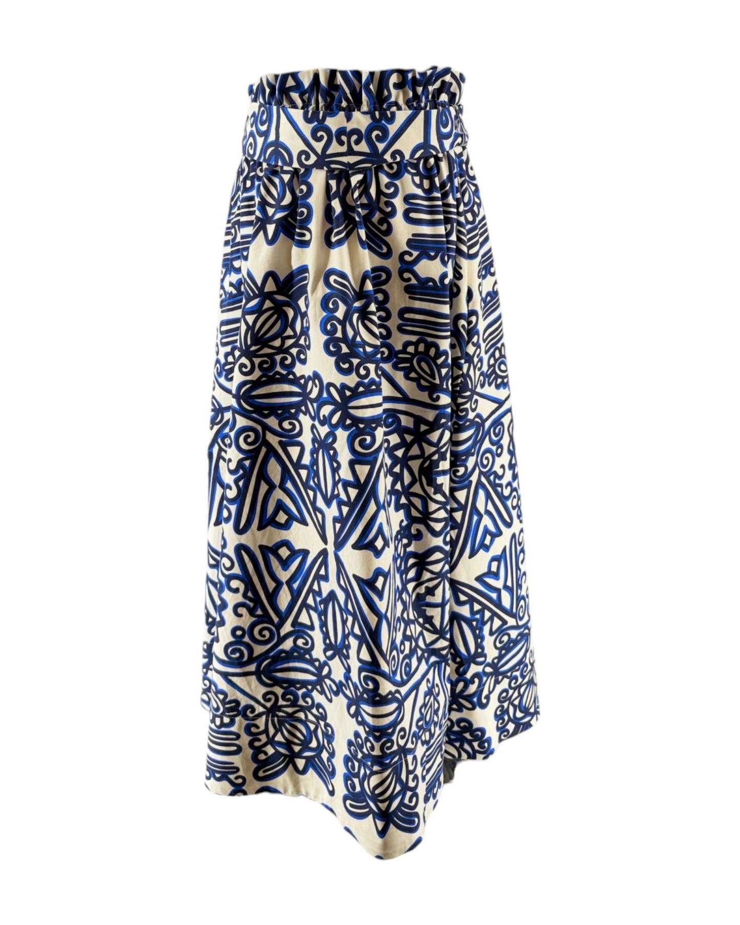 Blue and white patterned skirt on a white background