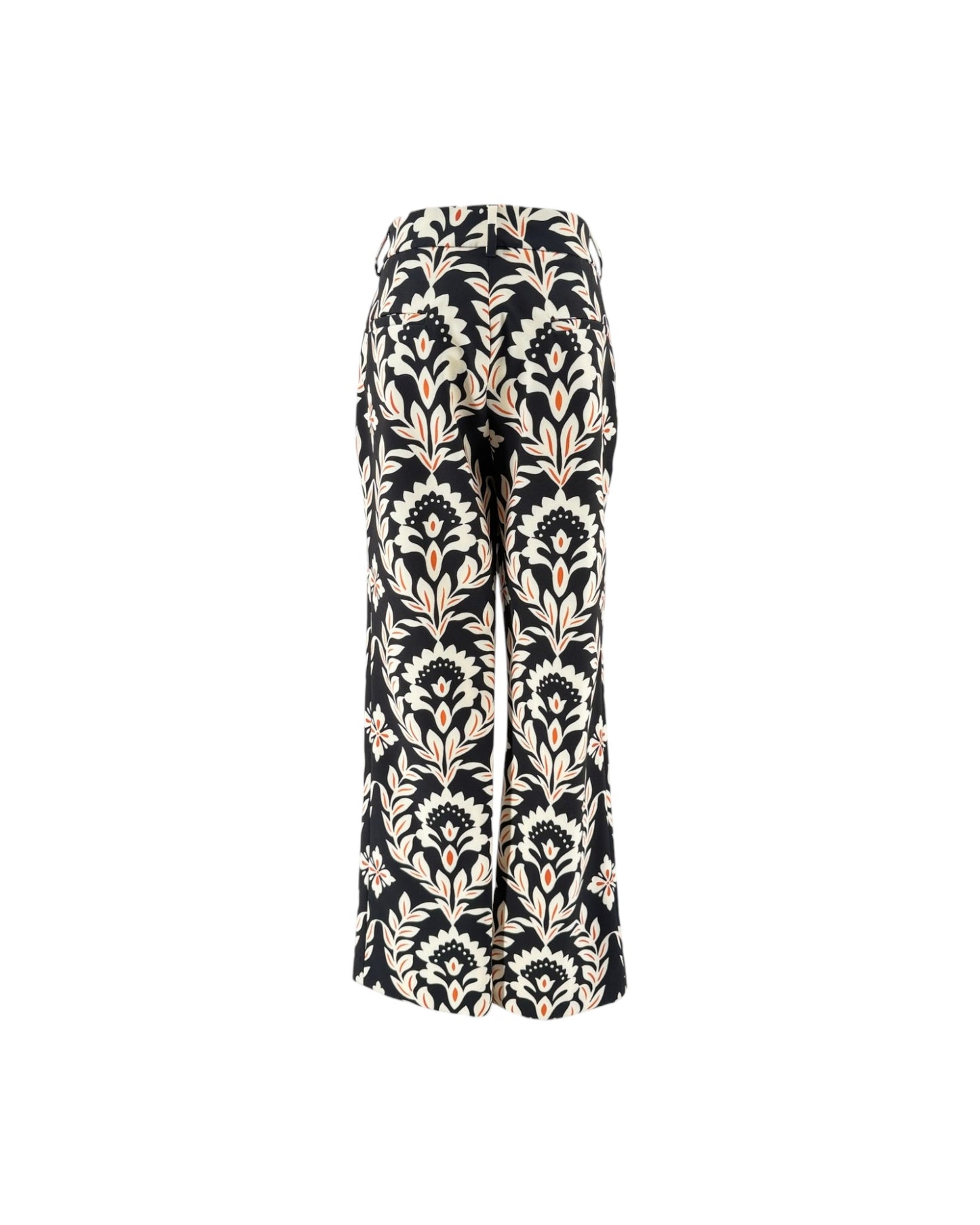 Black wide-leg trousers with a beige and white damask floral pattern, shown against a plain white background.