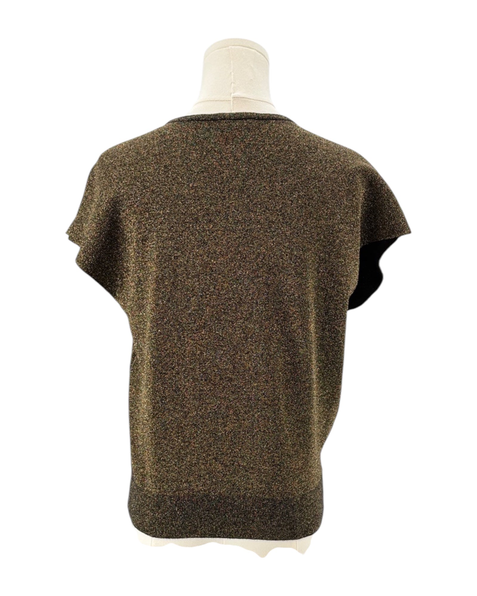 Metallic knit sleeveless top on a mannequin against a white background