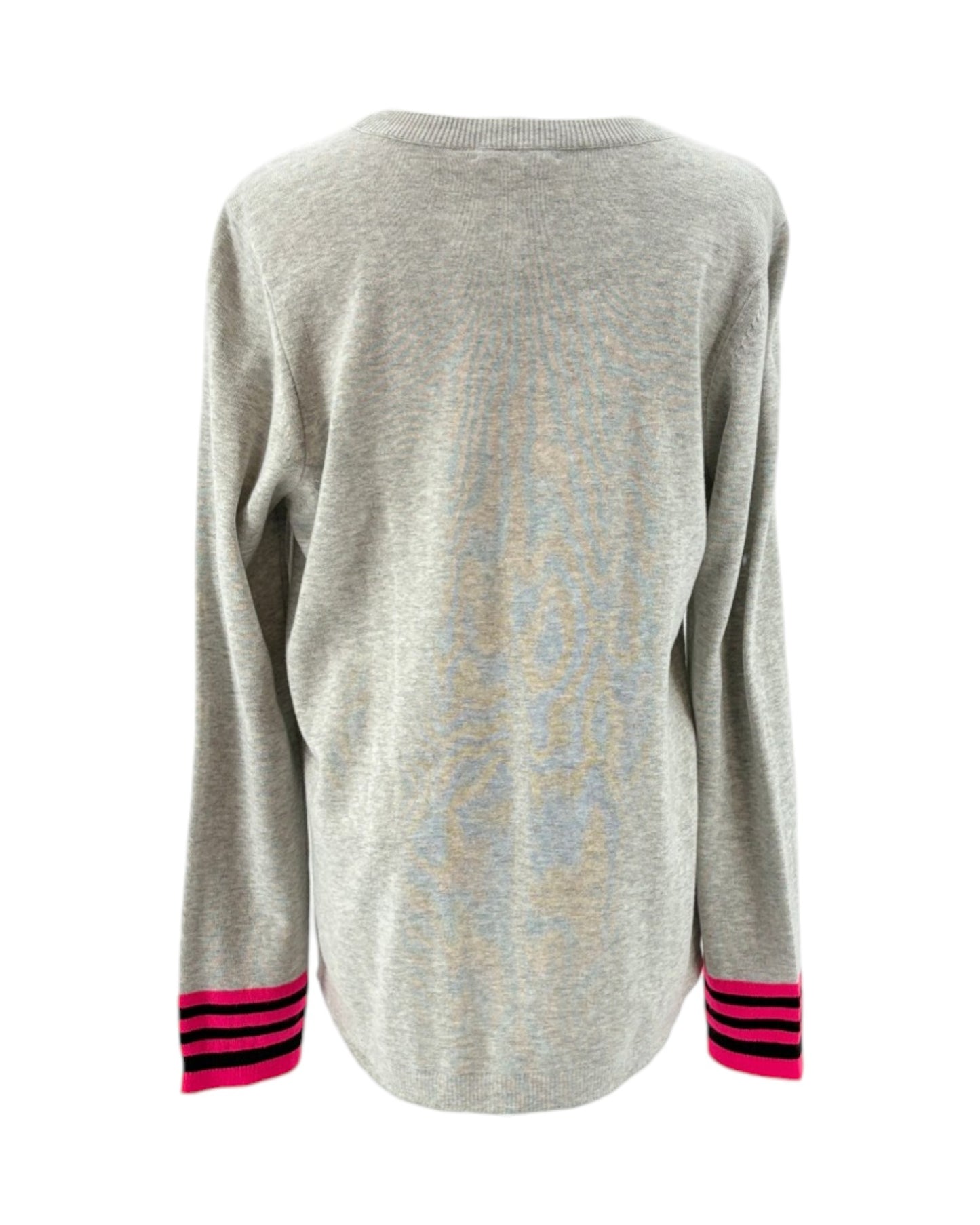 Lisa Todd gray sweater with black and red striped cuffs on a white background