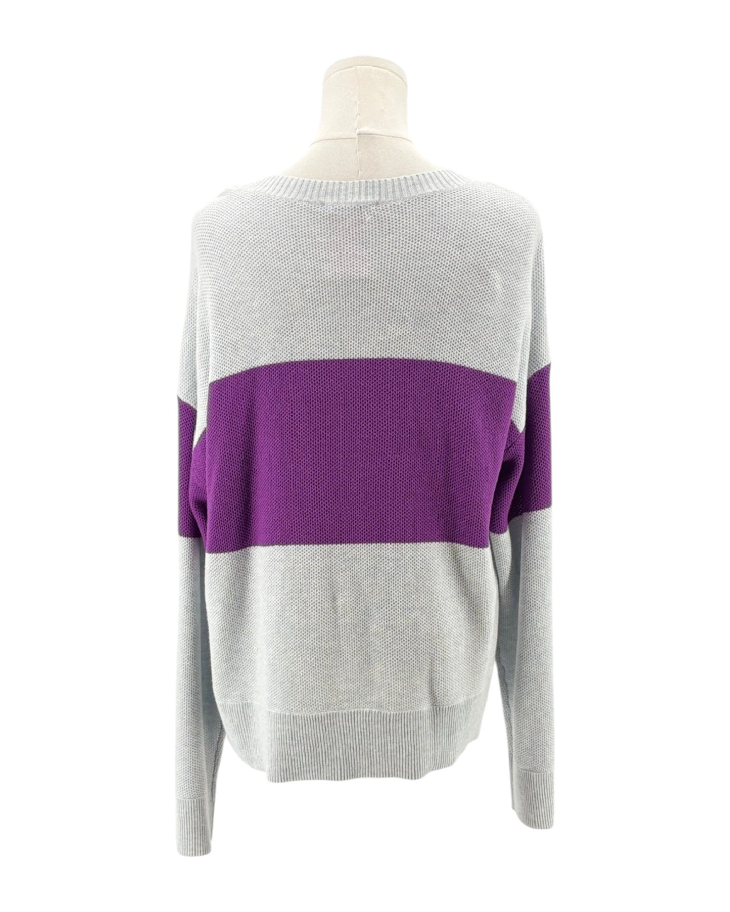 Gray sweater with a purple stripe on a mannequin against a white background