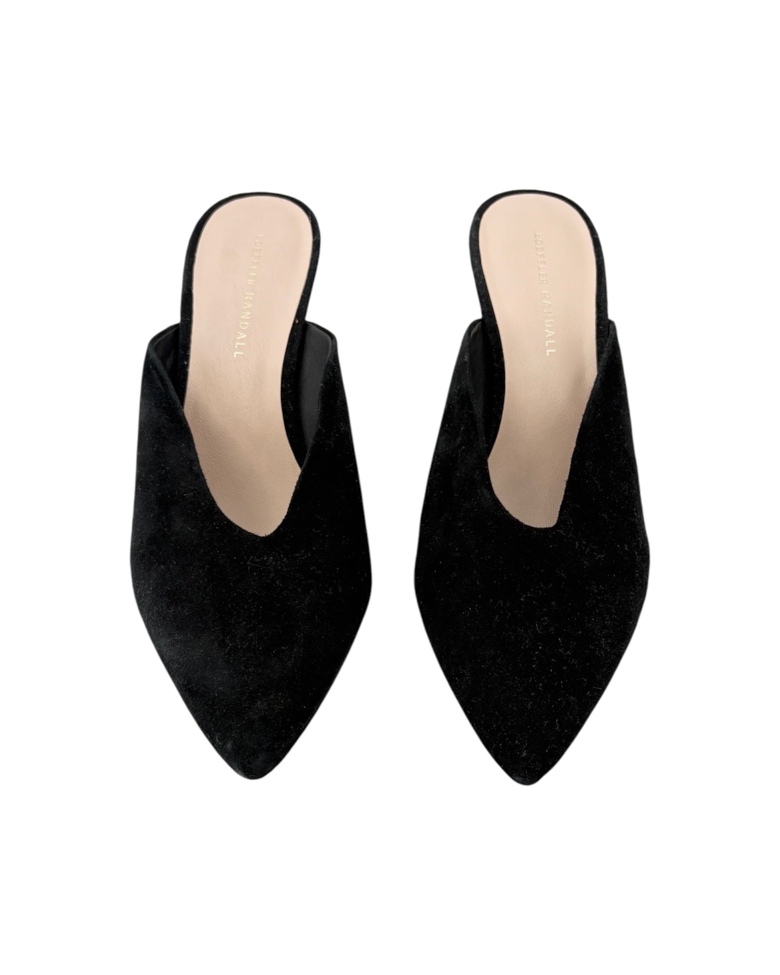 Pair of black pointed-toe mules on a white background