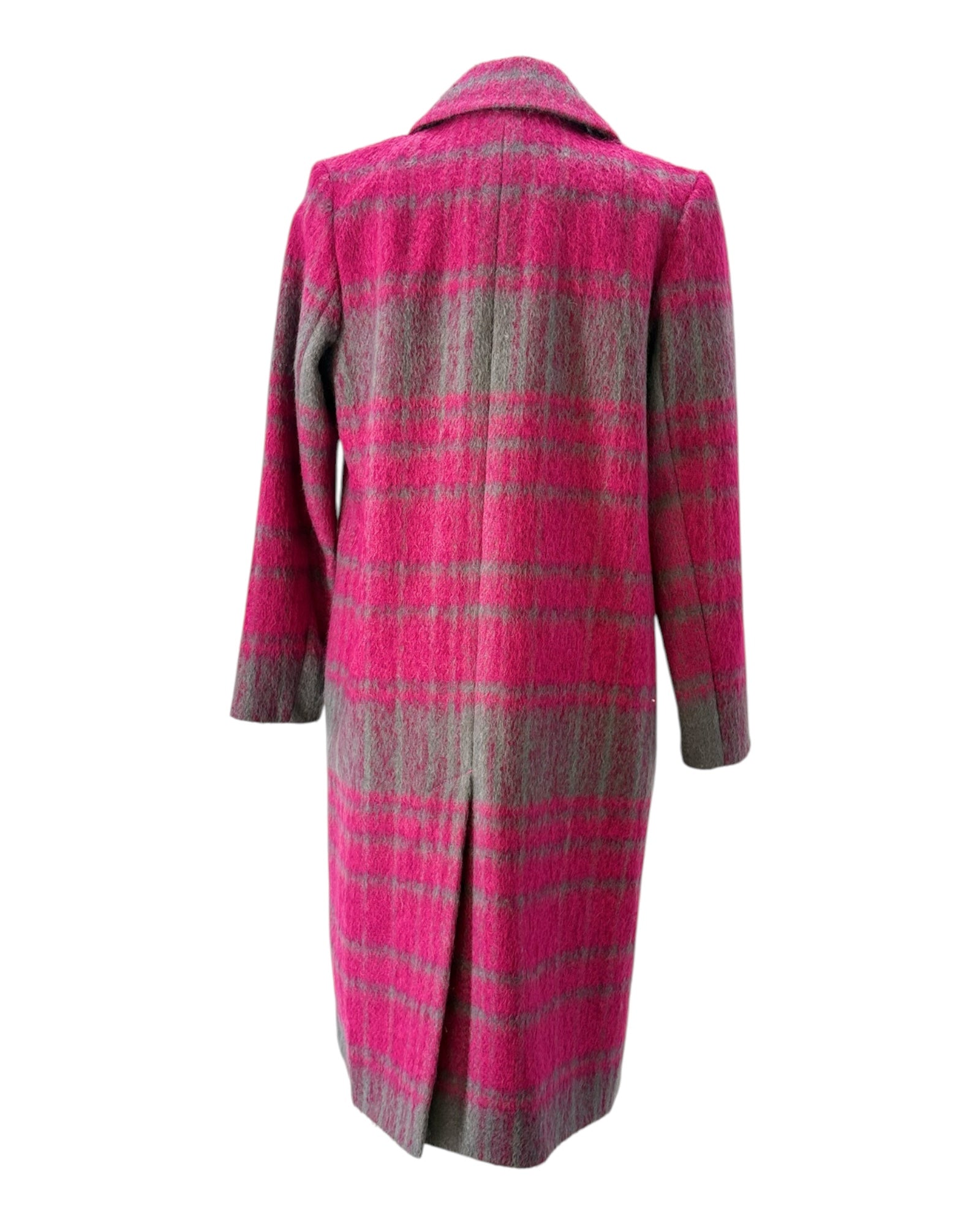 Pink and gray plaid coat on a white background