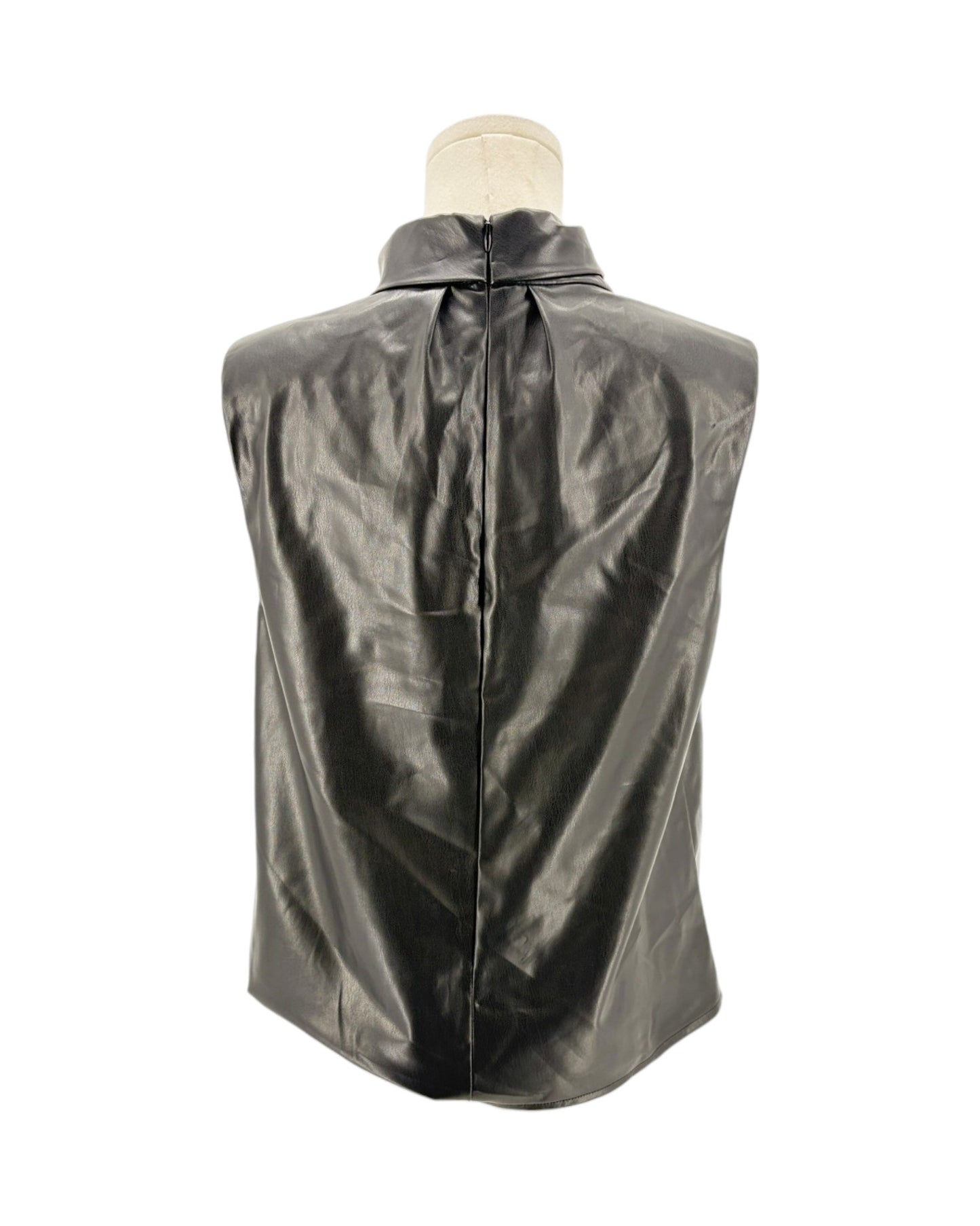 Black leather vest on a mannequin against a white background