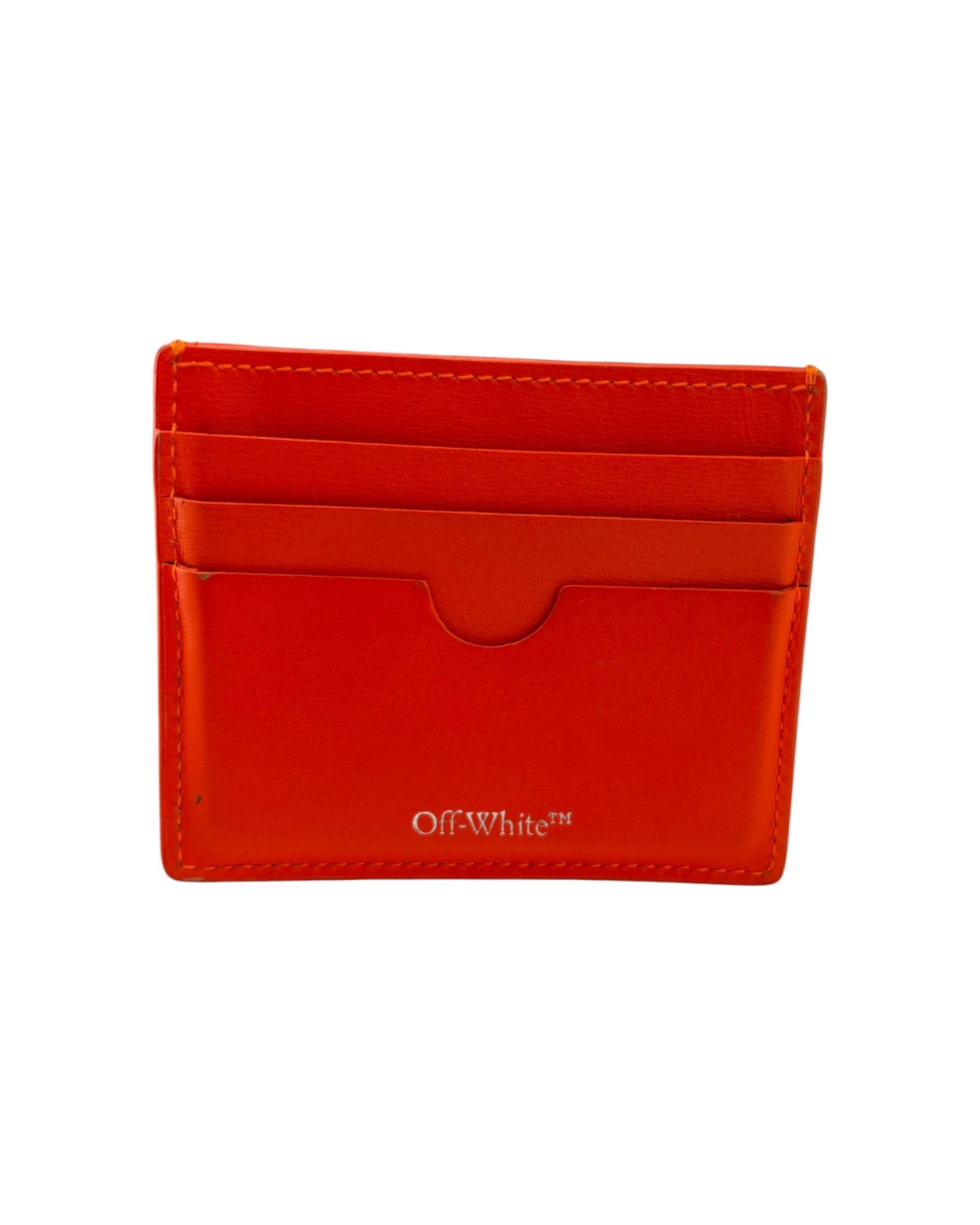 orange cardholder with 'Off-White' branding on a white background