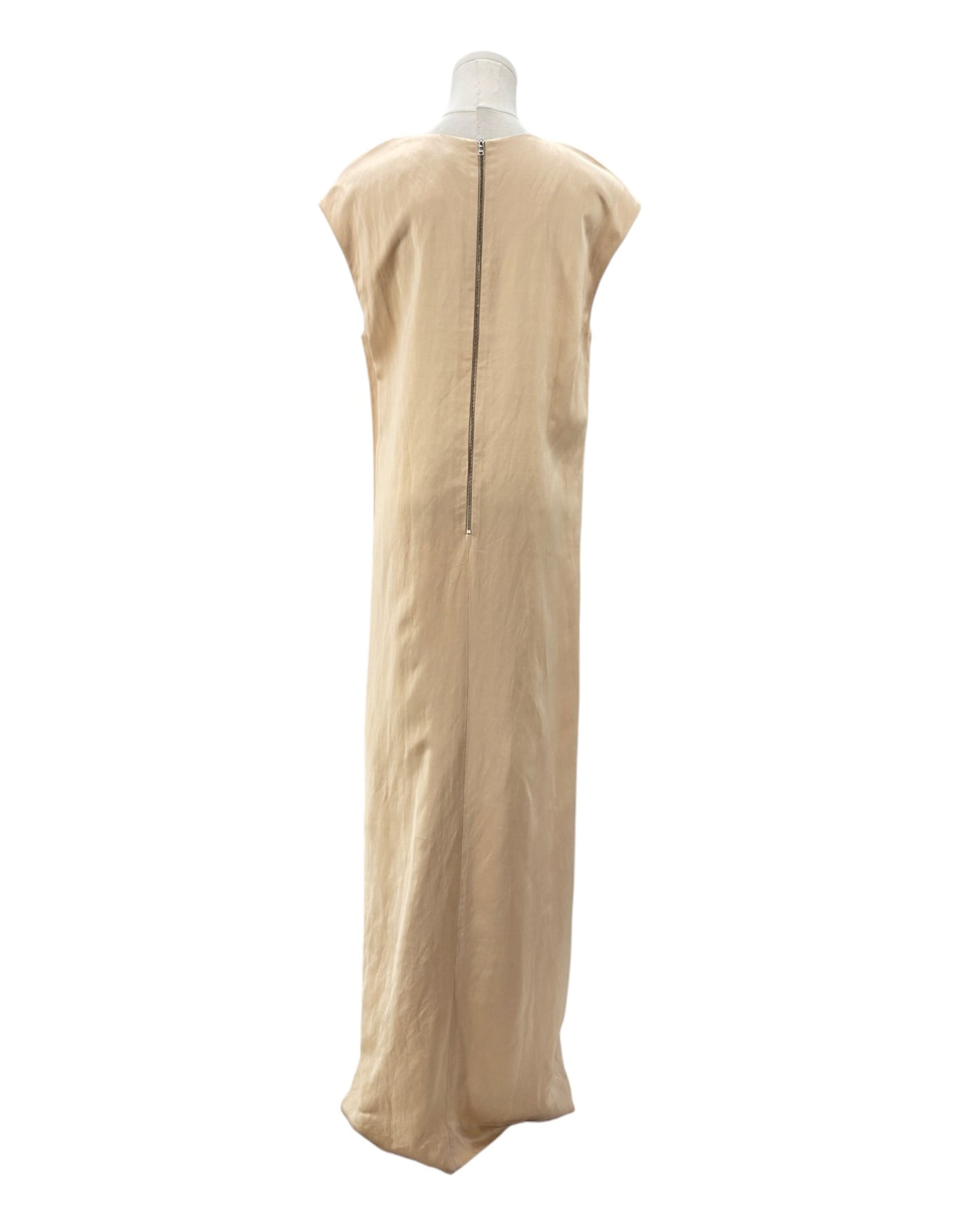 Beige dress on a mannequin against a white background