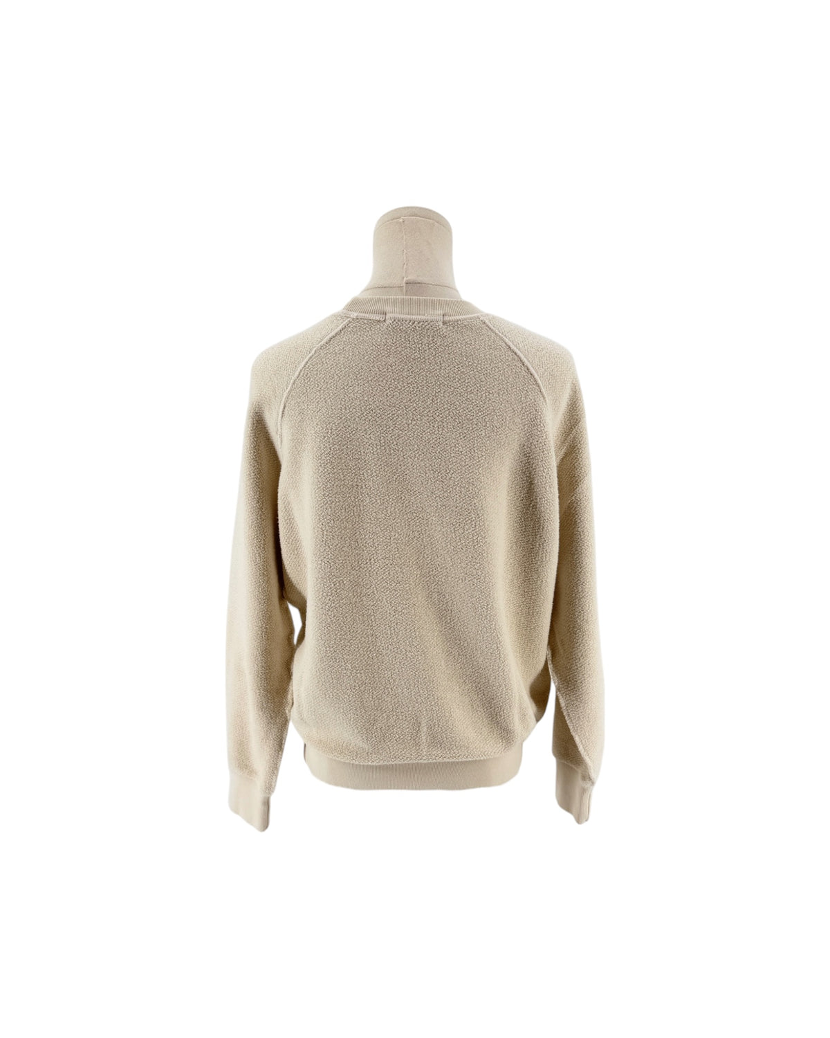 Beige Textured "inside out" cotton fabric, classic crew neckline, raglan style sleeves sweatshirt on a white background on a mannequin