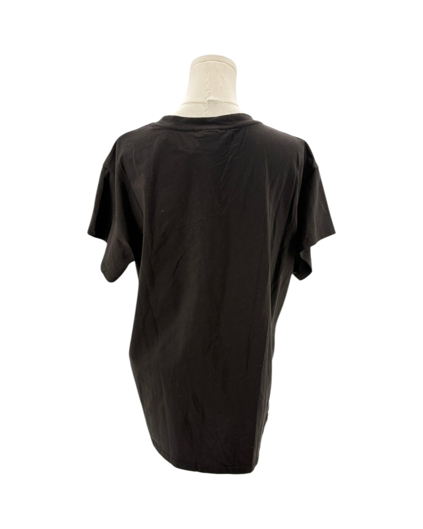 Back of black short sleeve top on a mannequin on a white background