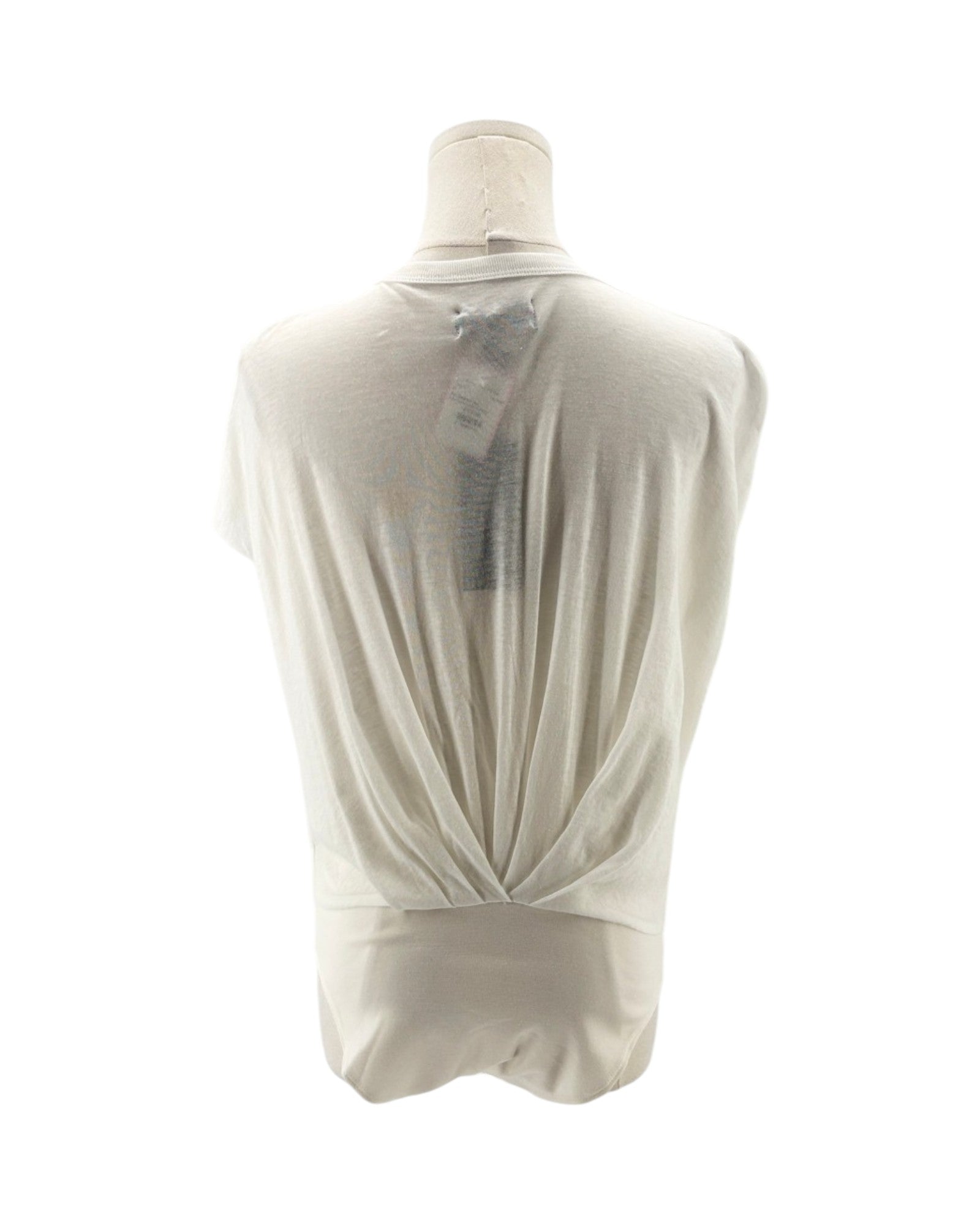 White sleeveless bodysuit on a mannequin against a white background