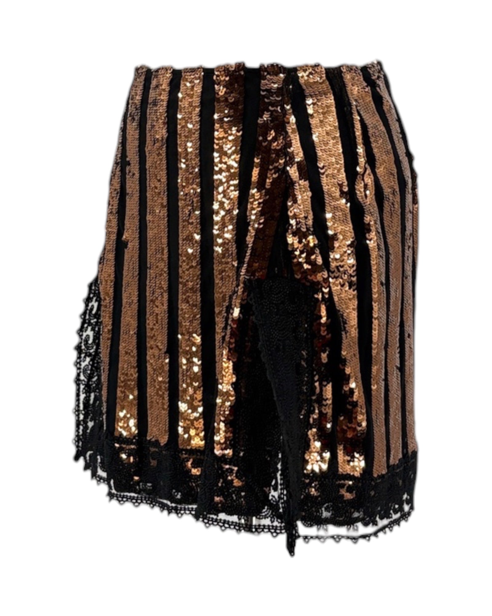 Black and gold striped sequin skirt on a white background