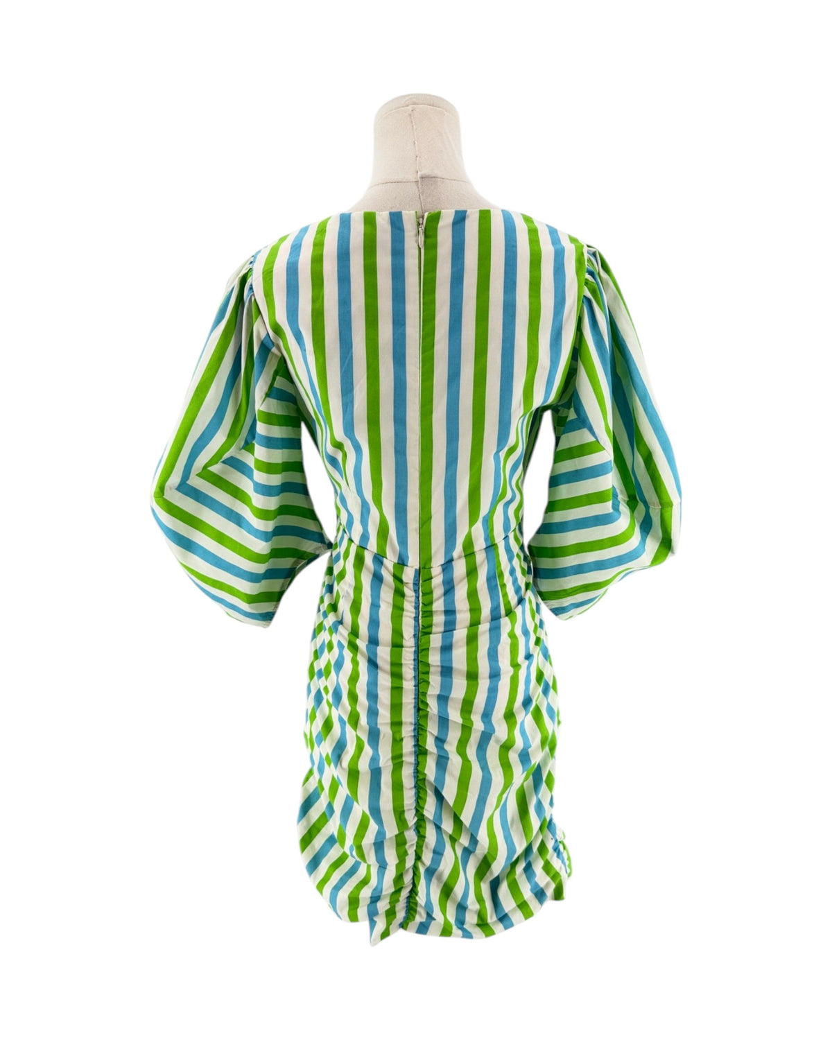 A short-sleeved dress with vertical lime green, light blue, and white stripes, shown from the back on a mannequin against a white background.
