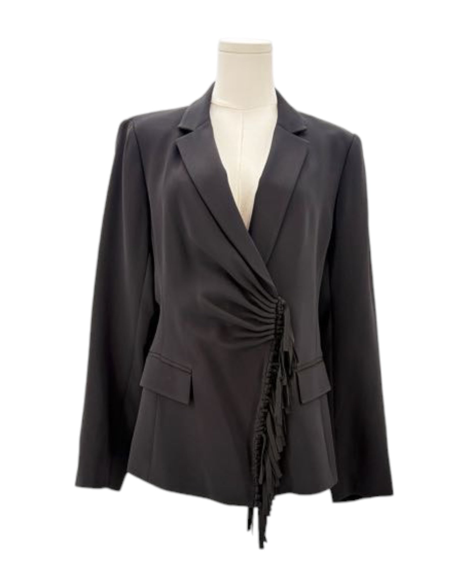 Black blazer on a mannequin against a white background