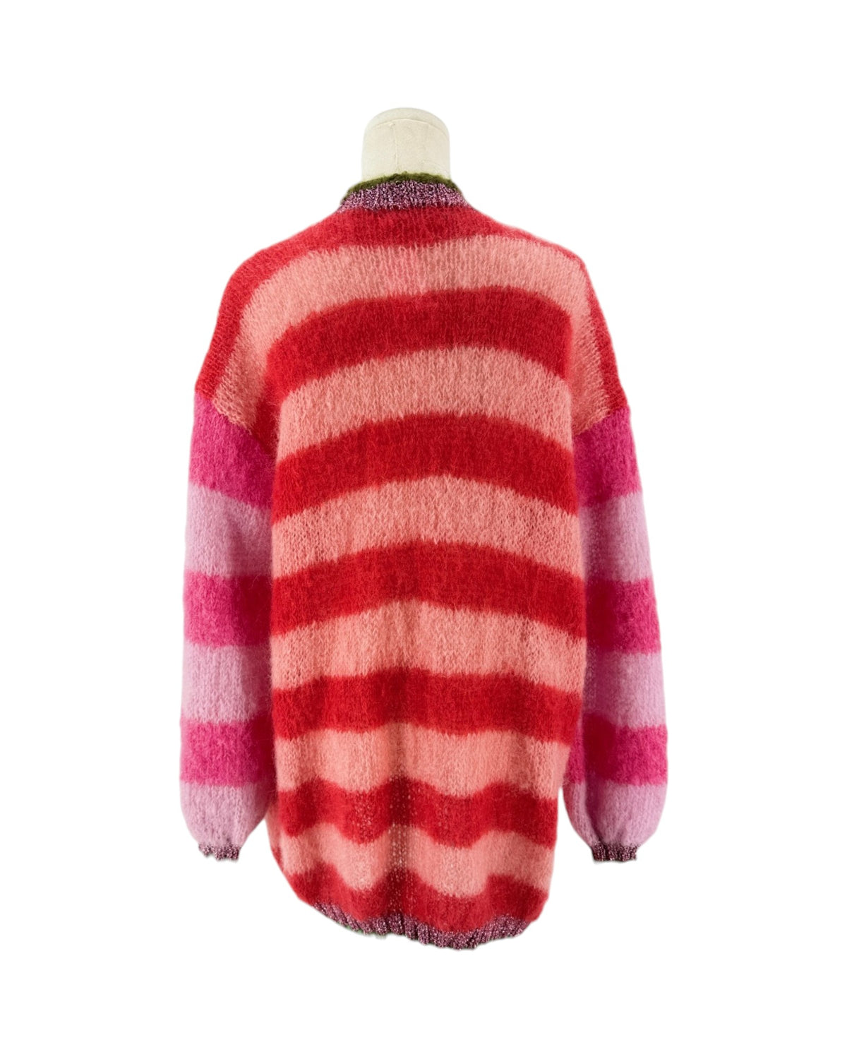 A fuzzy knit sweater with horizontal wavy stripes in shades of red, pink, and coral, displayed on a mannequin from the back against a plain white background.