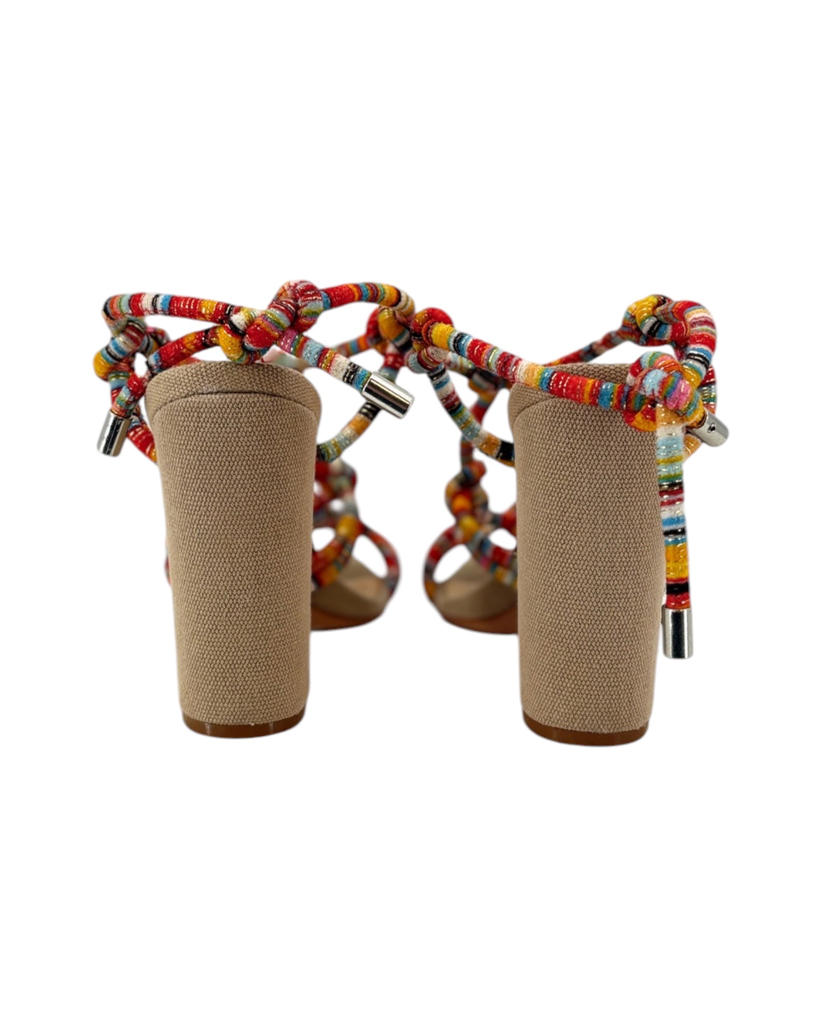 Colorful braided strap sandal heels