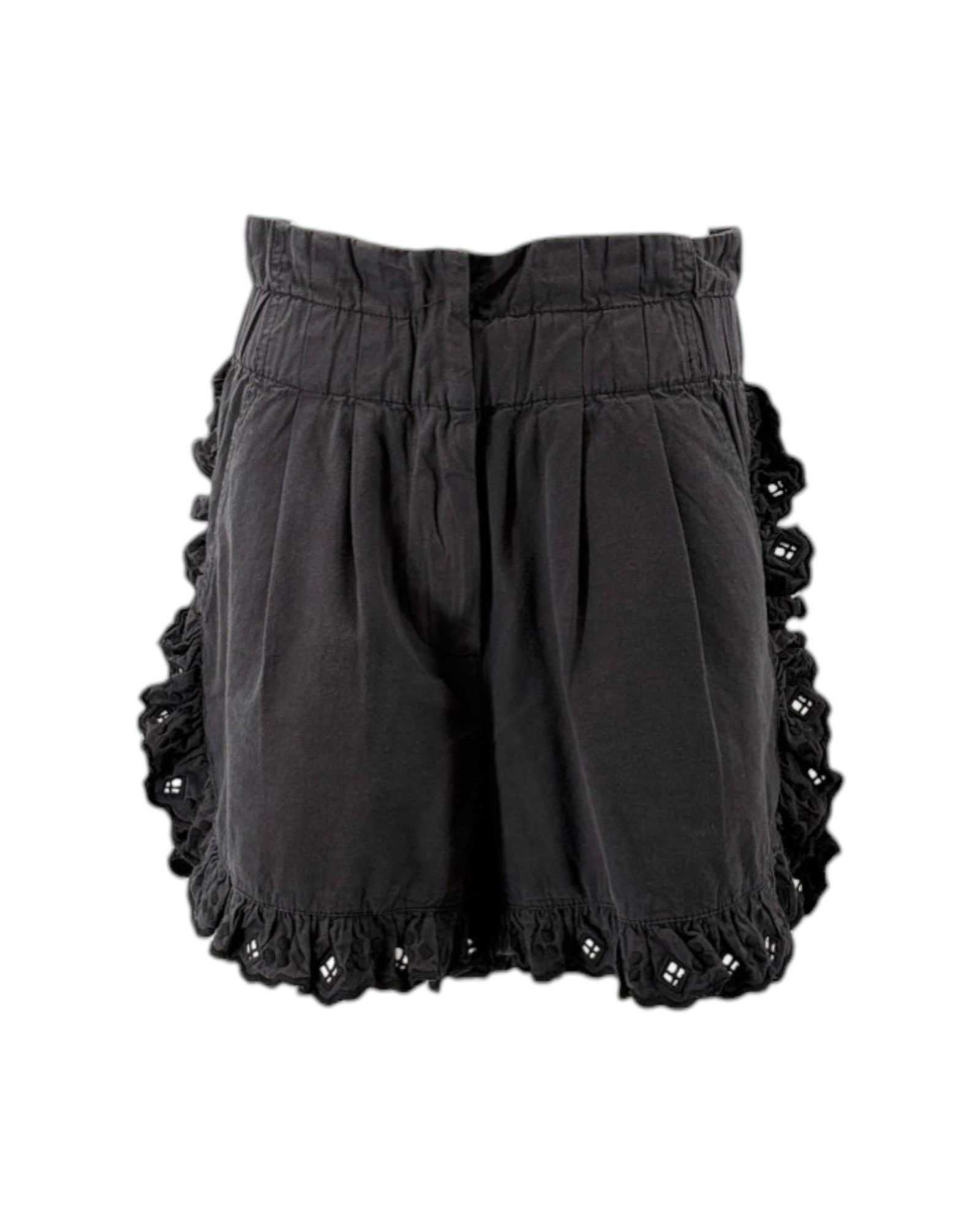 Sea NY black shorts with ruffled hem on a white background