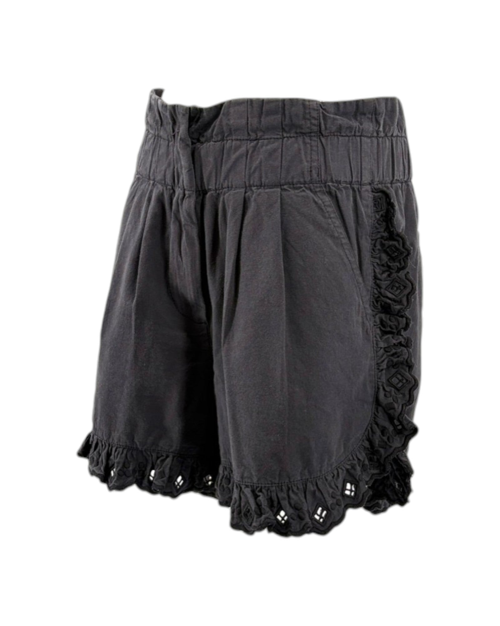 Sea NY black shorts with ruffled hem on a white background