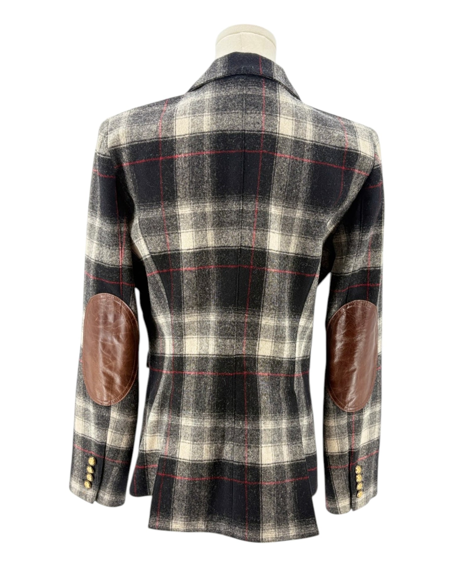 Smythe laid blazer jacket with leather elbow patches on a mannequin against a white background